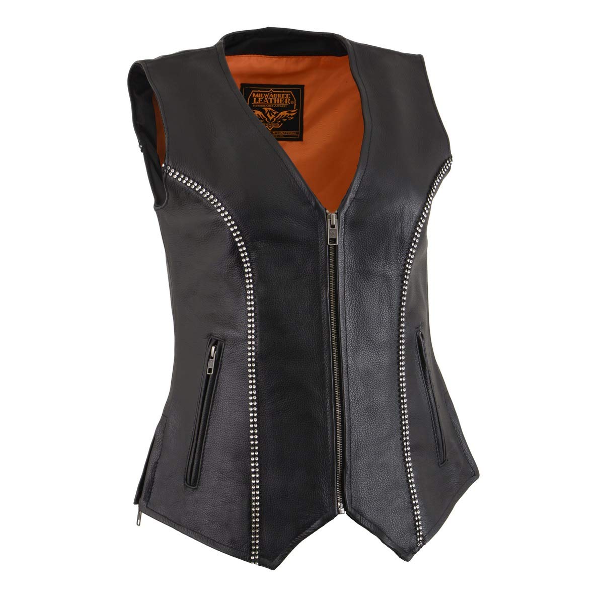 Milwaukee Leather MLL4502 Women's Black Leather Classic V-Neck Motorcycle Rider Vest with Rhinestone Bling Detail - Medium