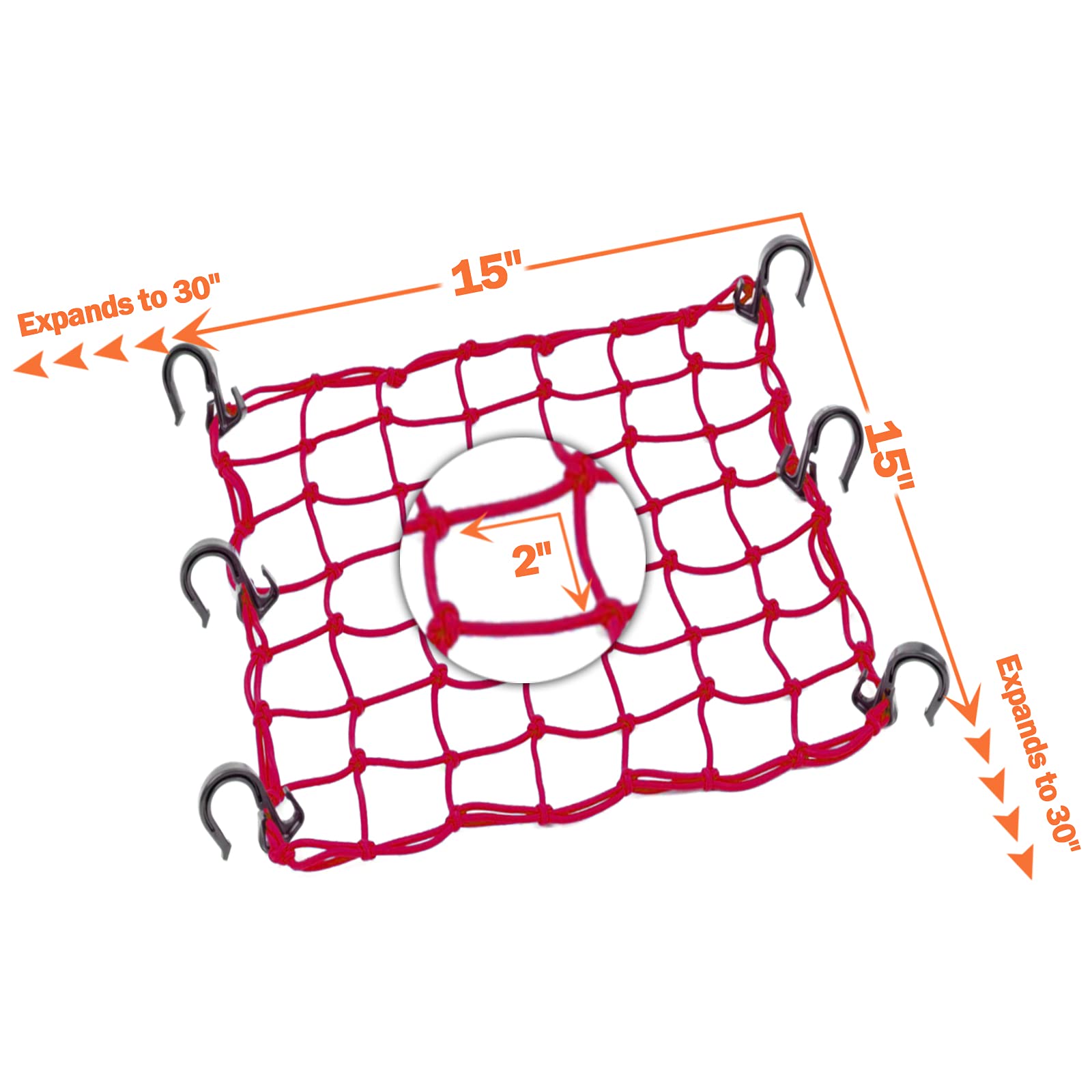 Zuoze Small Cargo Net 15'X15' Stretches To 30'X30' With Thicken Hooks | Natural Latex Core, Tight 2”X2” Mesh Heavy Duty Bungee Net For Motorcycle Helmet, Bike, Atv, Utv, Luggage (Red, 2 Pack)