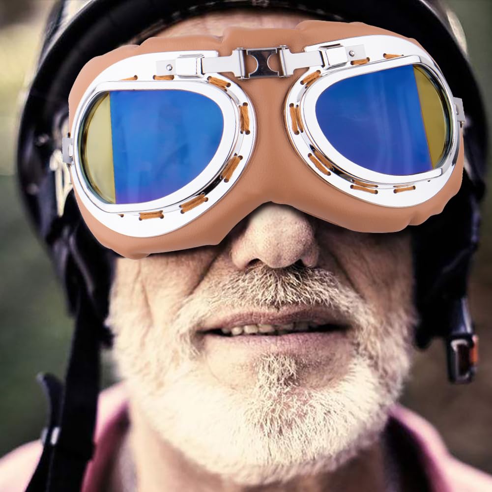 Peicees Vintage Helmet Goggles Motorcycle Goggles Bike Motorcross Pilot Goggle, Copper Silver-Colorful, Silver Frame