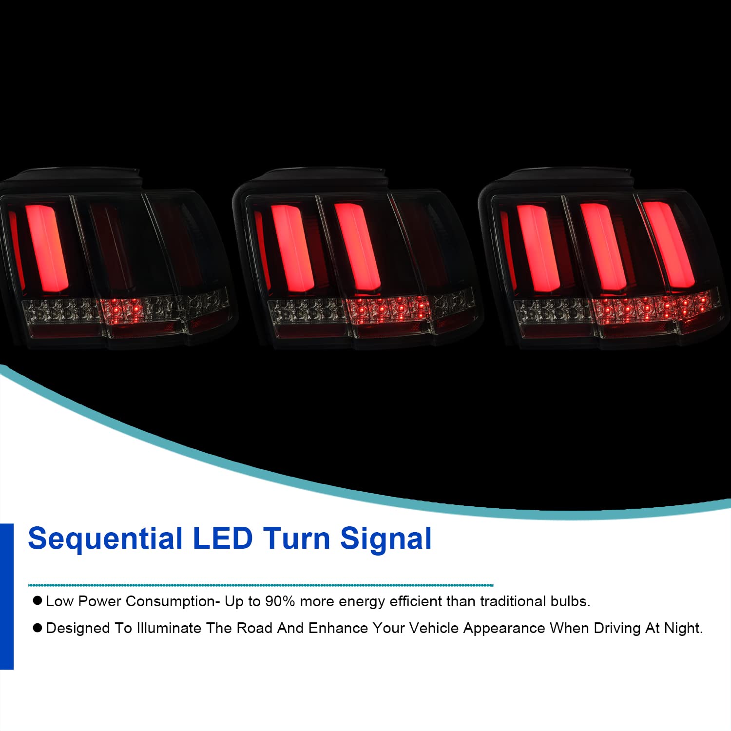 Spec-D Tuning Glossy Black Housing Smoke Lens Sequential Led Bar Tail Lights Compatible With 1999-2004 Ford Mustang, Left + Right Pair Assembly