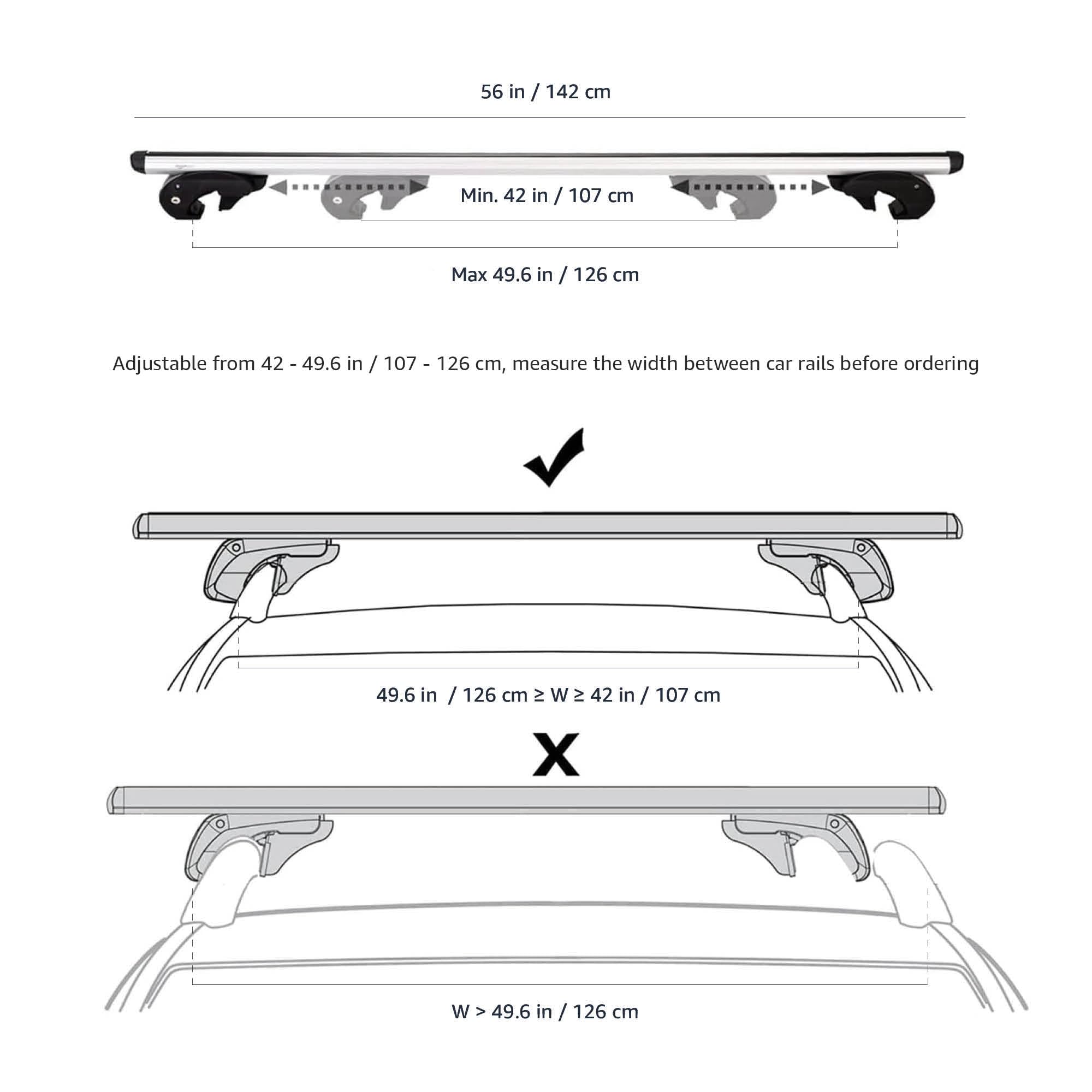 Amazon Basics Cross Rail Roof Rack, 56 Inches, Fits Up To 49.6'' Spans Between Raised Side Rails With Gap, Pack Of 2, Black/Silv