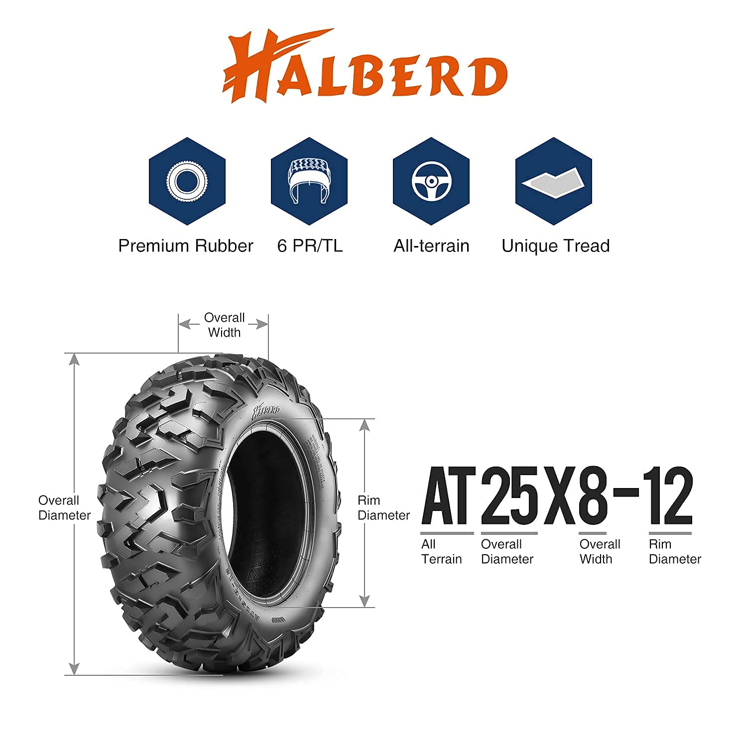 Halberd Atv Tires, 25X8-12 & 25X10-12 Atv Tires, 6Pr 25X8X12 25X10X12 All Terrain Atv Utv Off-Road Tires(Set Of 4, Tubeless)