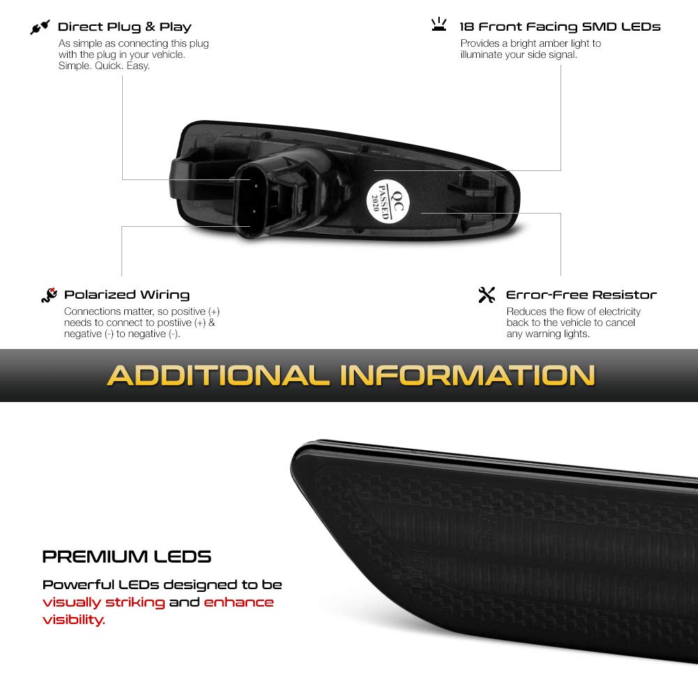 Vipmotoz Amber Full Led Side Indicator Light Front Turn Signal Blinker Lamp For Mitsubishi Lancer Evo X Mirage G4 Outlander Sport, Black Smoked Lens, 2-Piece Driver & Passenger Side Set