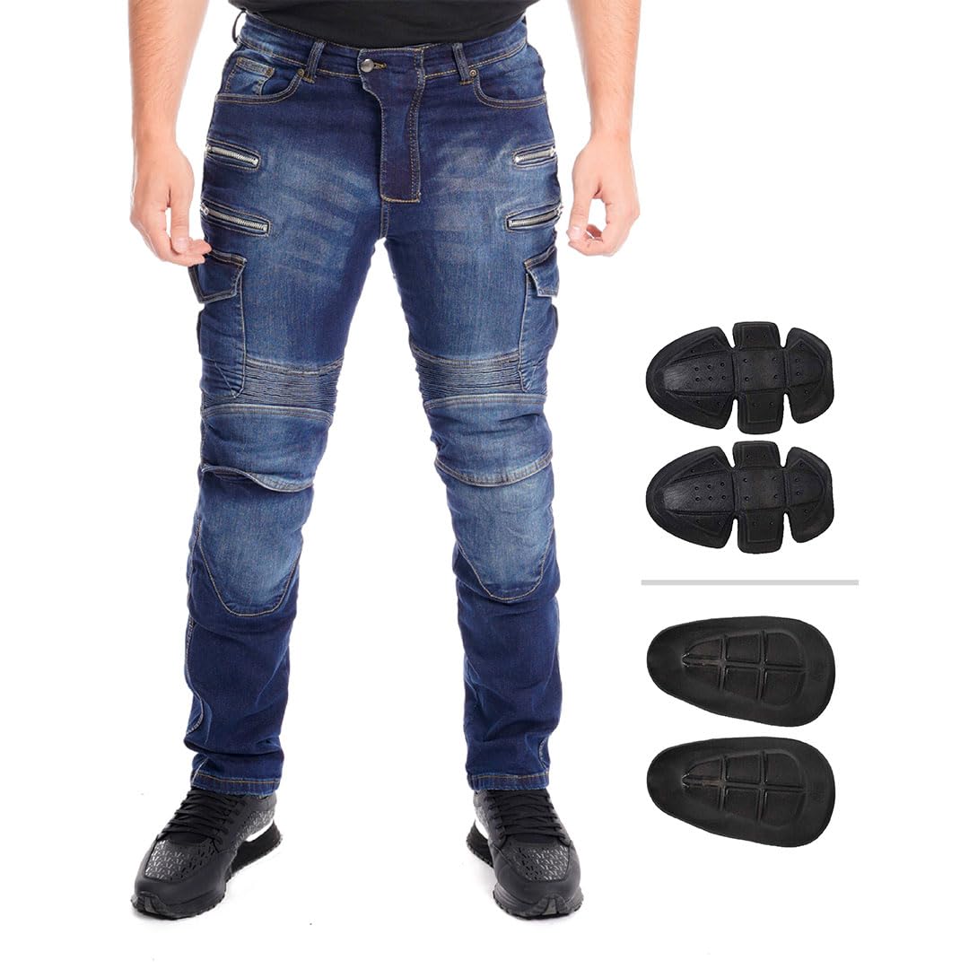 Juicy Trendz Men's Motorcycle Jeans - Durable Protective Biker Pants with Knee & Hip Armor, Comfortable Mid Blue Denim for Motor