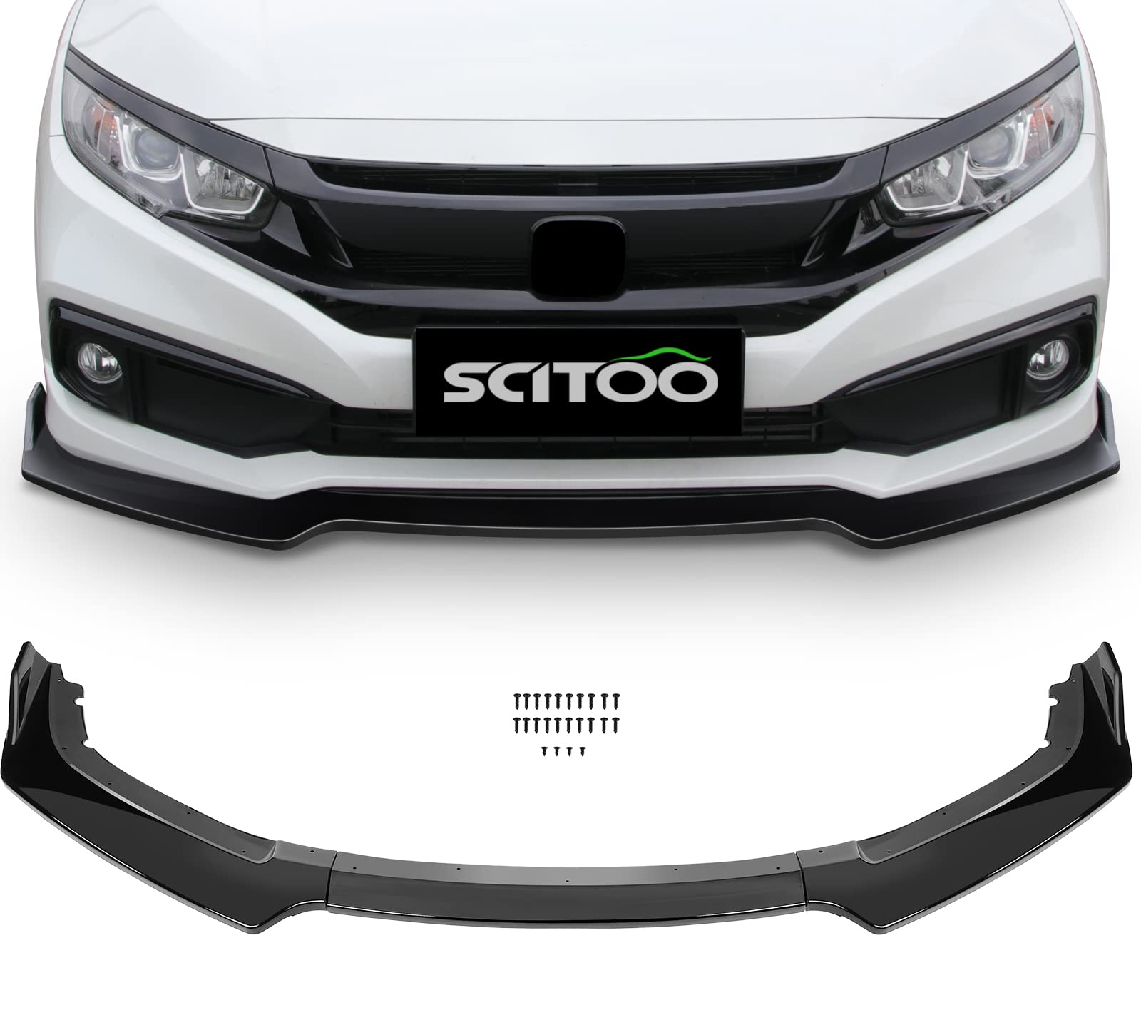 Scitoo 3Pcs Black Pp Front Bumper Body Kit Spoiler Chin Spoiler Front Bumper Lip Fit For 2016-2020 For Honda Civic