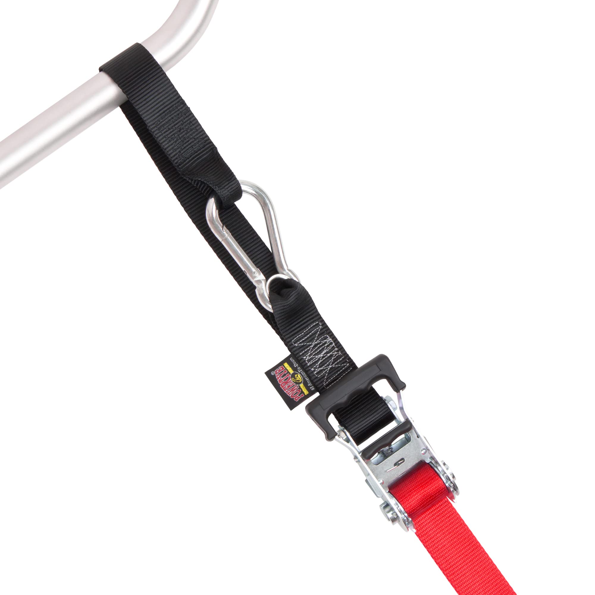 Powertye 1.5In X 6.5Ft Heavy Duty Ratchet Tie-Down Straps With Soft-Tye, Carabiner Hooks - 1,000 Lb Working Load Limit / 3,000 Lb Breaking Strength - Made In Usa - Red/Black Pair + Storage Bag