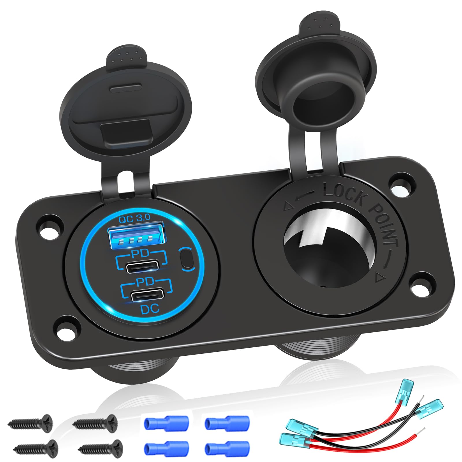 Cigarette Lighter Socket Qidoe 12V Splitter Panel 78W 12V Usb Outlet Dual Usb C Pd&Qc3.0 Car Charger Socket On/Off Switch Waterp