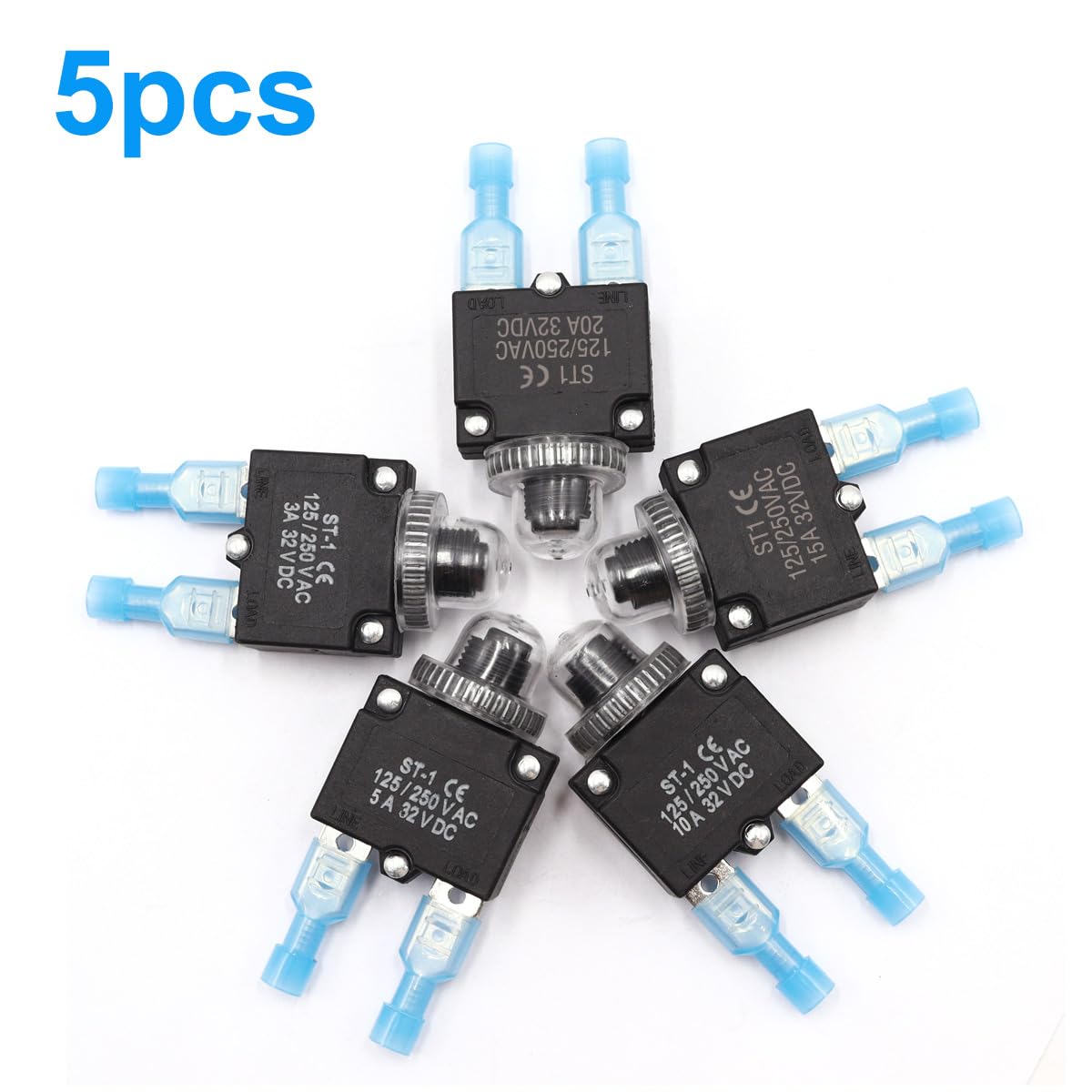 mxuteuk 5Pcs 3,5,10,15,20Amp Circuit Breakers Push Button Manual Reset 125/250V AC 32V DC,Overload Protector Switch Thermal Circ