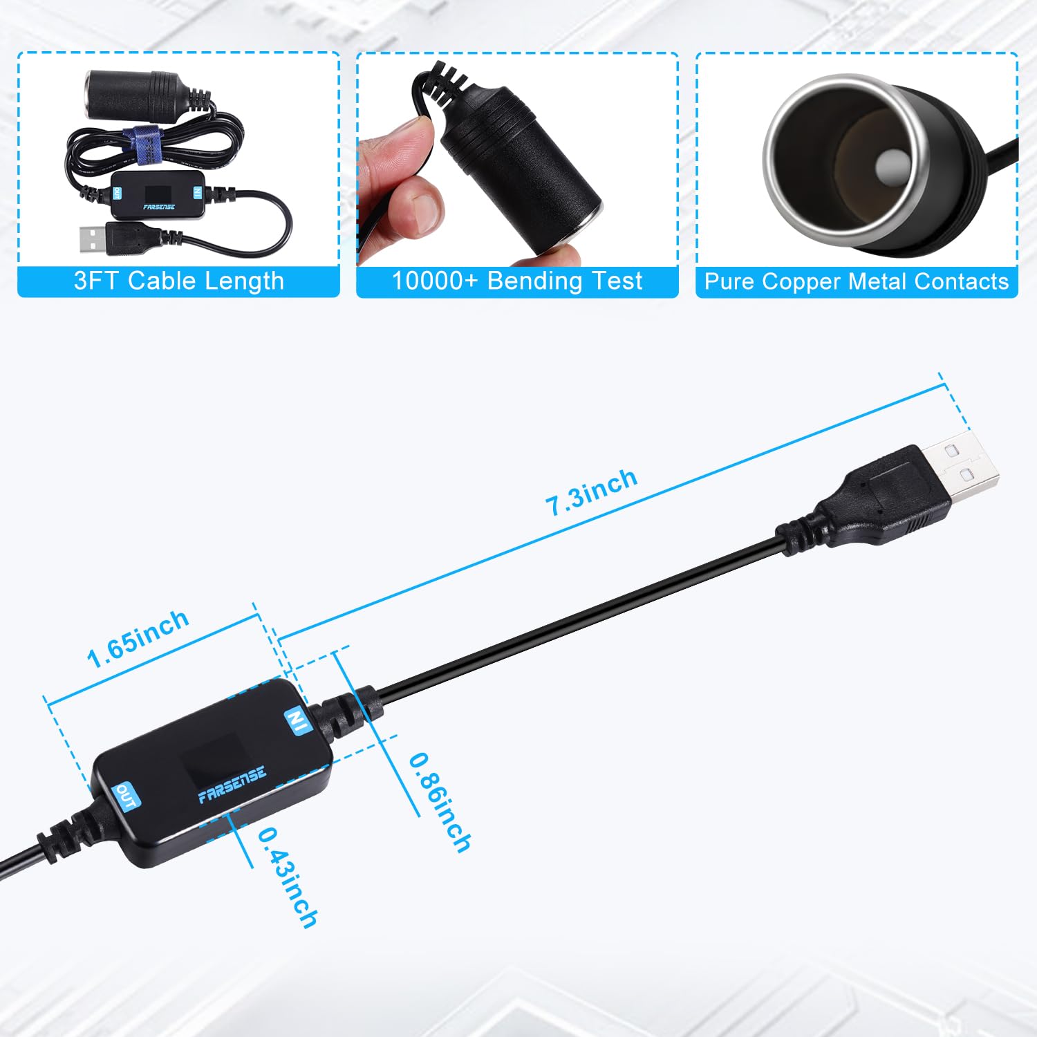 Farsense Usb A To 12V Cigarette Lighter Adapter-Usb Dc 5V To 12V Step Up Car Cigarette Lighter Socket Converter Cable(3Ft Suppor