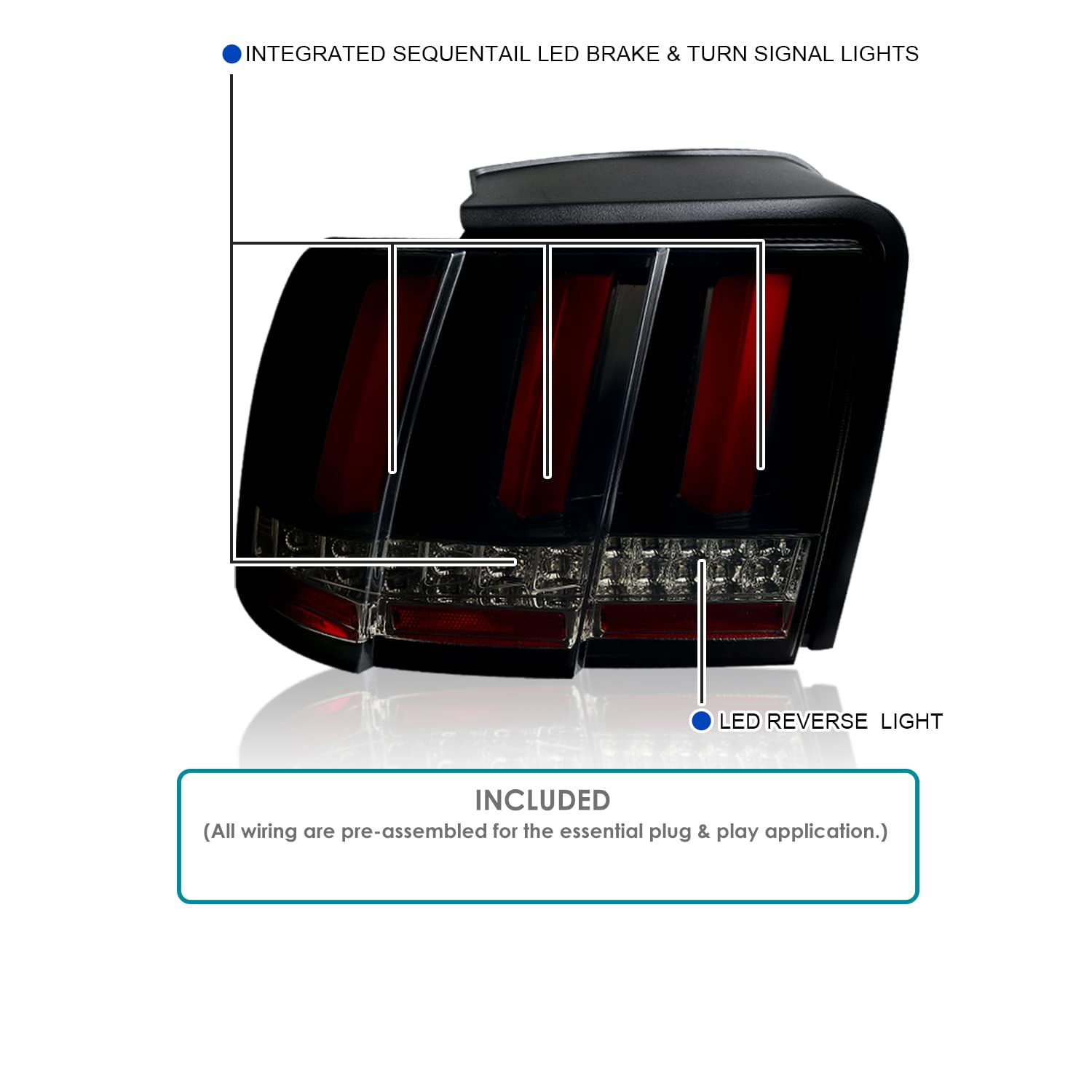 Spec-D Tuning Glossy Black Housing Smoke Lens Sequential Led Bar Tail Lights Compatible With 1999-2004 Ford Mustang, Left + Right Pair Assembly