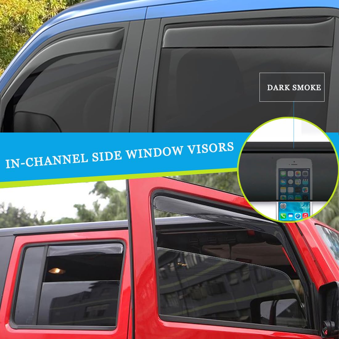 Dark Smoke In-Channel Window Visors Rain Guards For Truck 09-18 Dodge Ram 1500 Crew Cab, 2010-2024 Ram 2500 & 3500 Crew & Mega C
