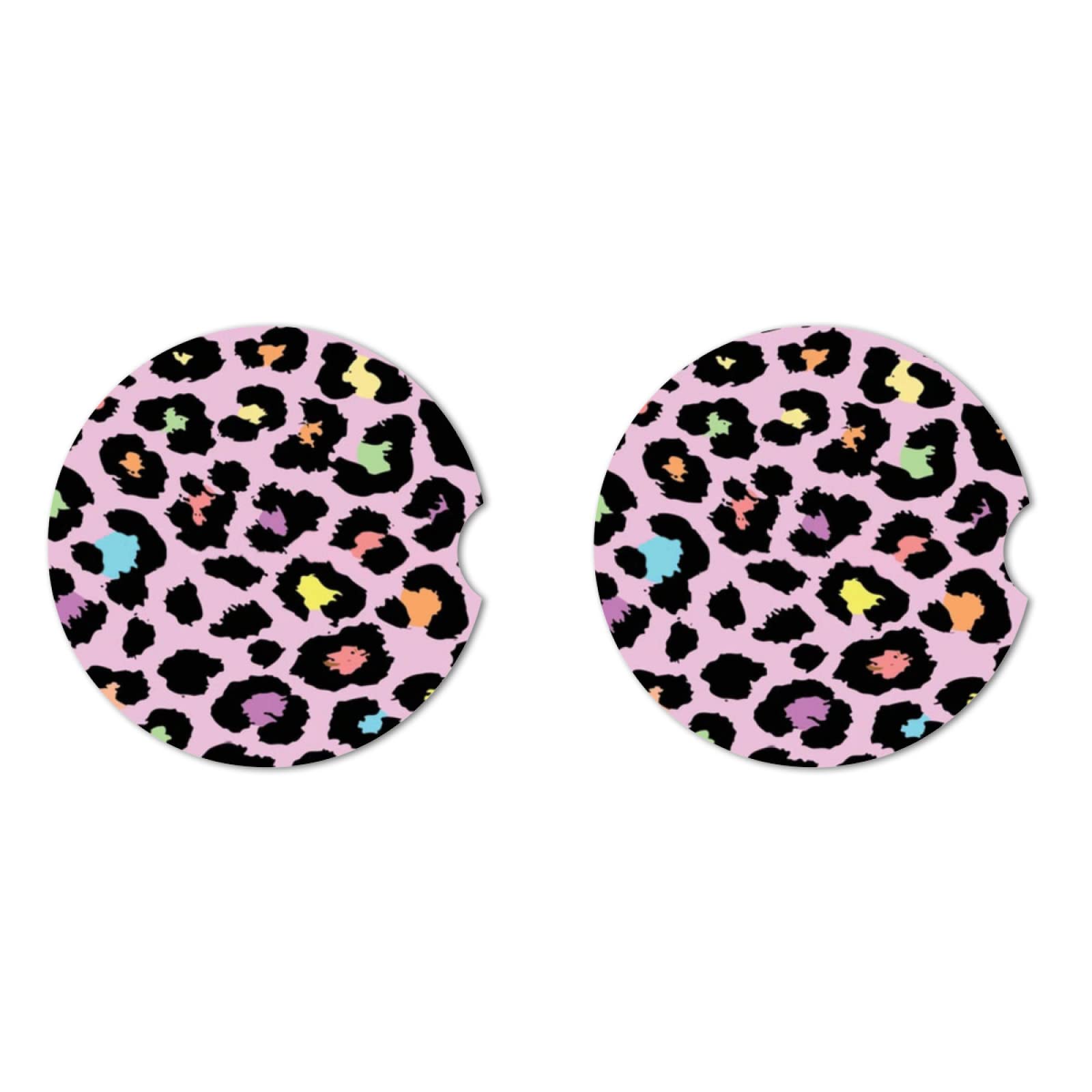 Rainbow Leopard Print Absorbent Car Cup Coasters,Cup Holders,Cork Base Drink Coasters With Finger Notch For Easy Move Of Car Cup