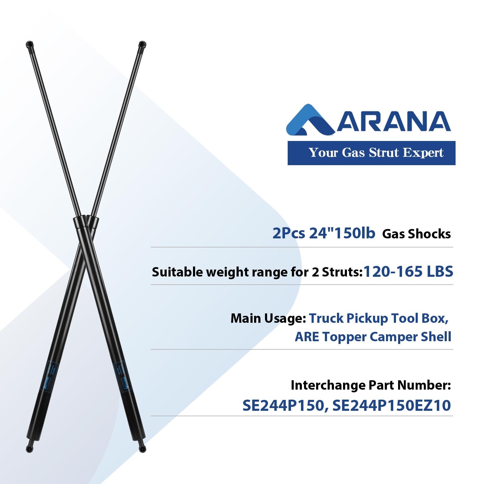 Arana Se24Other150 24 Inch 150Lb/668N Gas Struts Spring Shocks Se24Other150 24 Inch 150Lb Lift Support For Heavy-Duty Floor Hatc