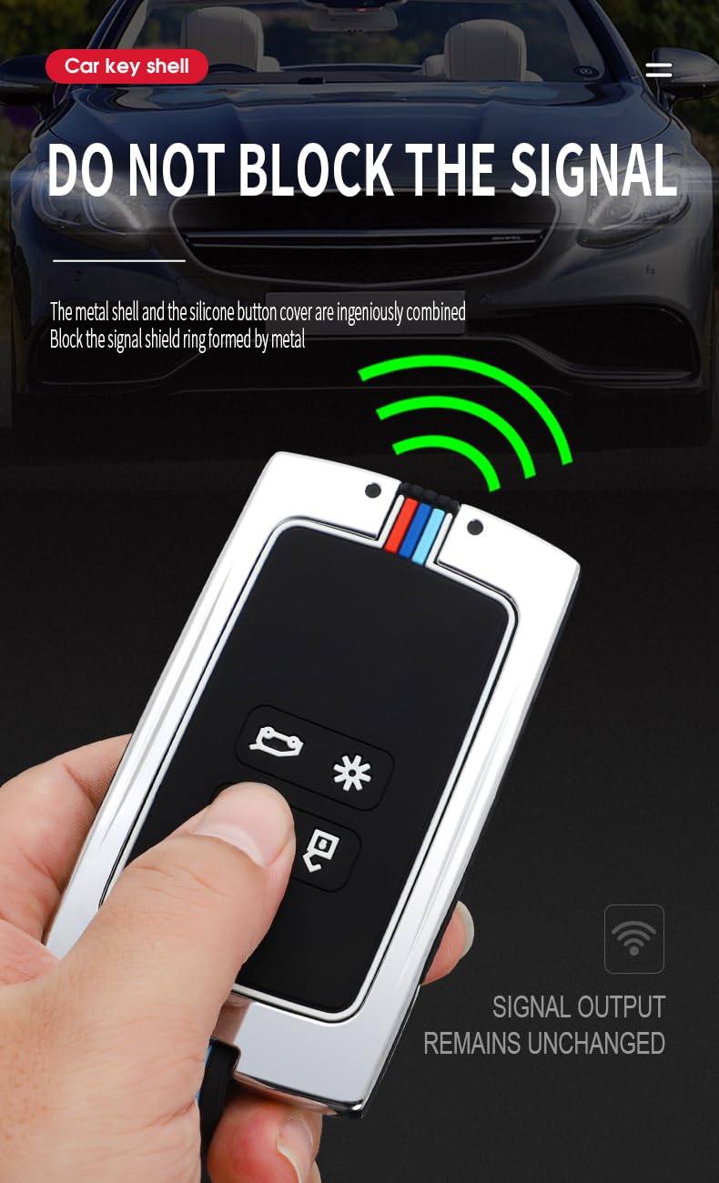 Sanrily Silicone+Zinc Alloy Luminous Key Fob Cover Case Fit For Renault Koleos Kadjar Scenic Megane Twingo Duster Iconic 2024 Keyless Key Holder With Keychain Silver