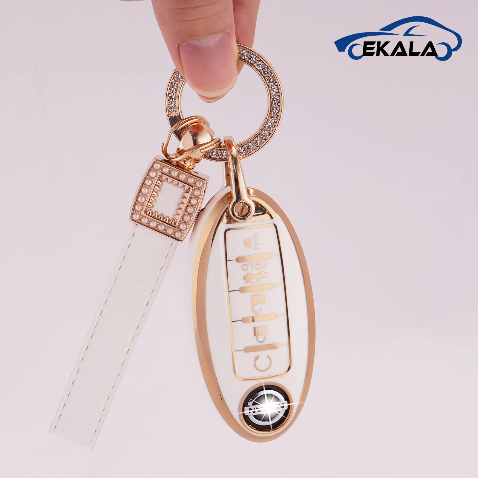 EKALA for Nissan Key Fob Cover 5 Buttons Soft TPU Full Covers Protection Key Case Shell with Leather Keychains Fit for Nissan Al