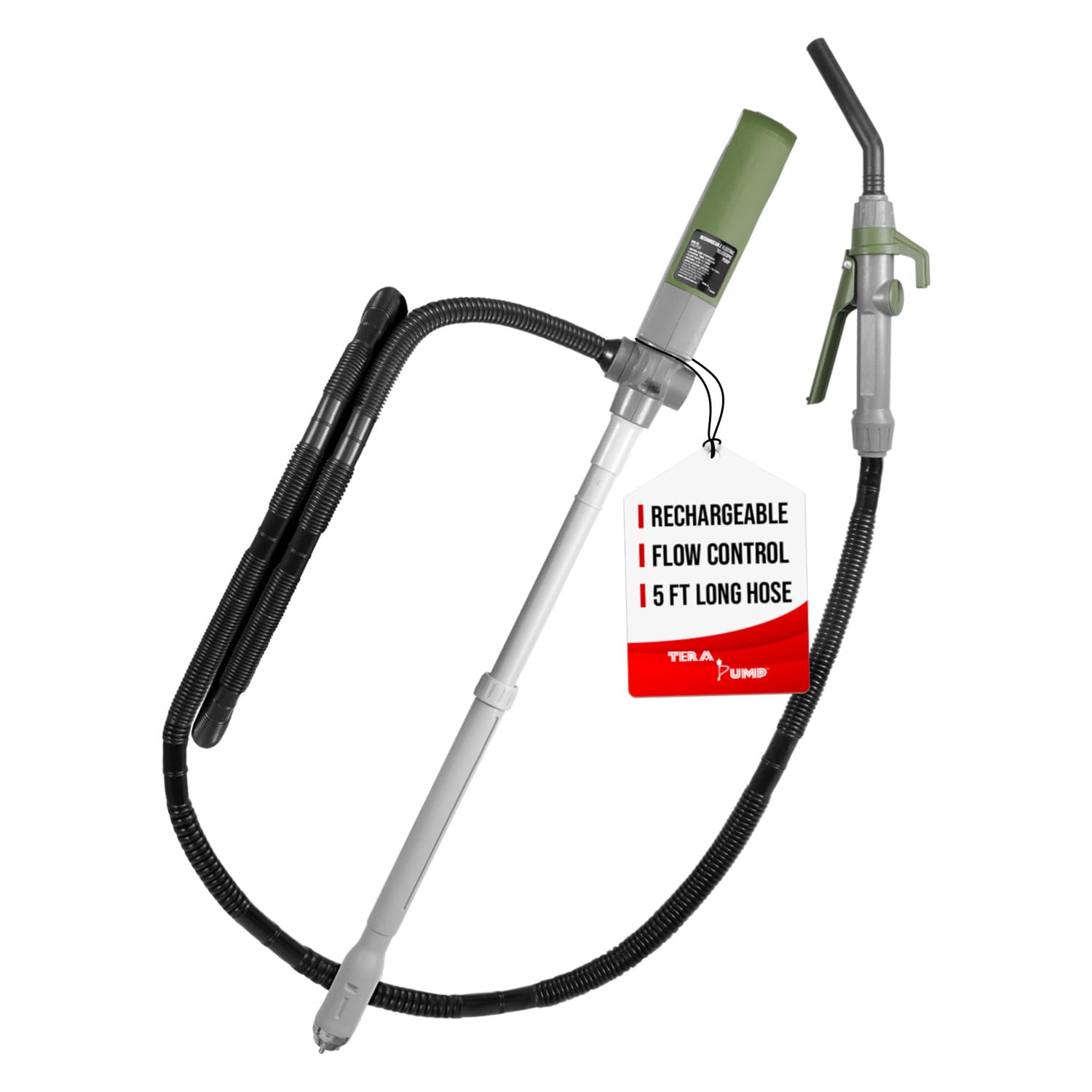 TERA PUMP Fuel Transfer Pump w/Quick Flow Control Nozzle & Telescopic Tube, Powerful Rechargeable Battery, 5 FT Discharge Hose, 