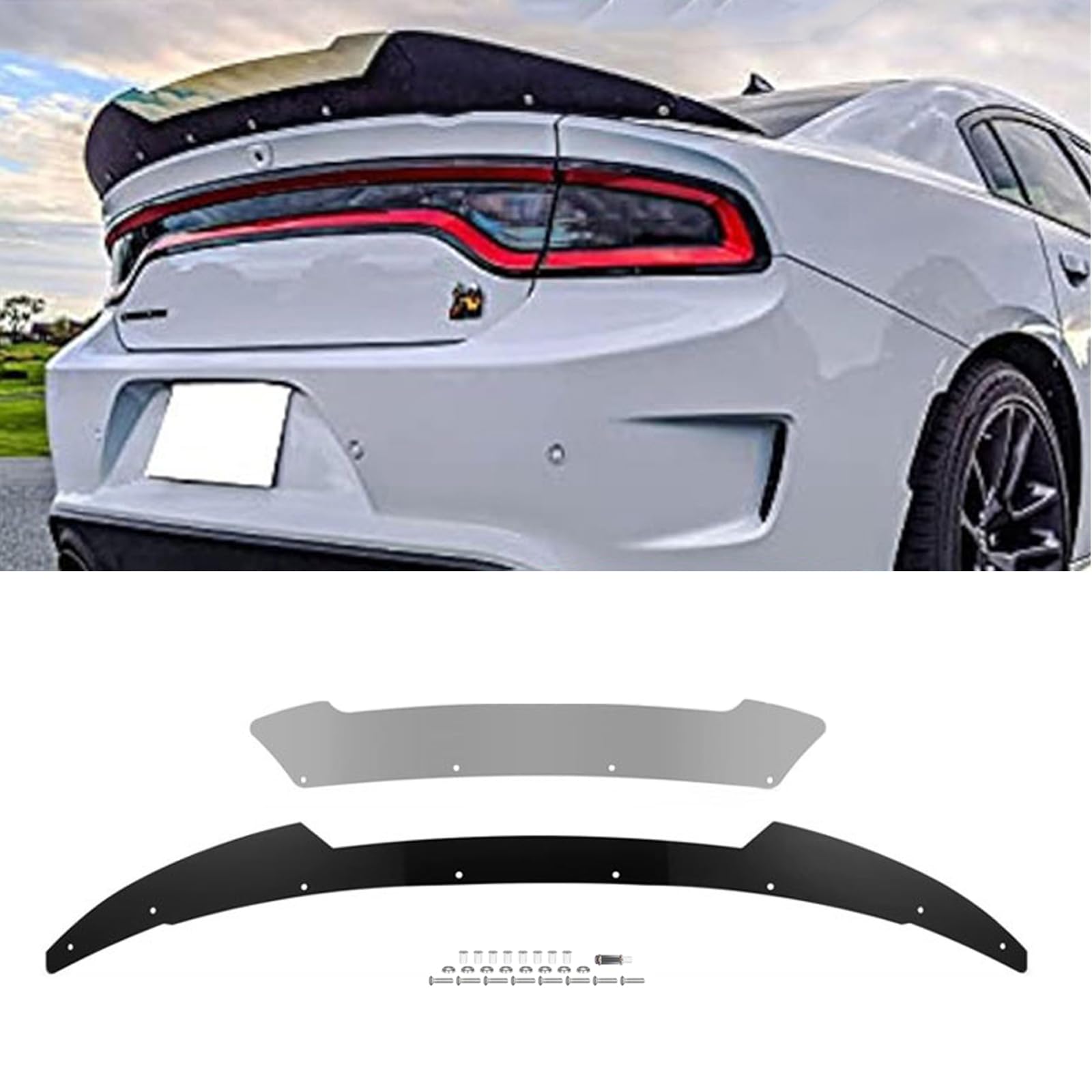 Nting Venom Series V2 Style Rear Wickerbill Spoiler For Dodge Charger 2015-2023 Srt Scatpack Hellcat, 2 Pcs Add-On Tape Wicker Bill Spoiler With Rivnut Tool, Gloss Black