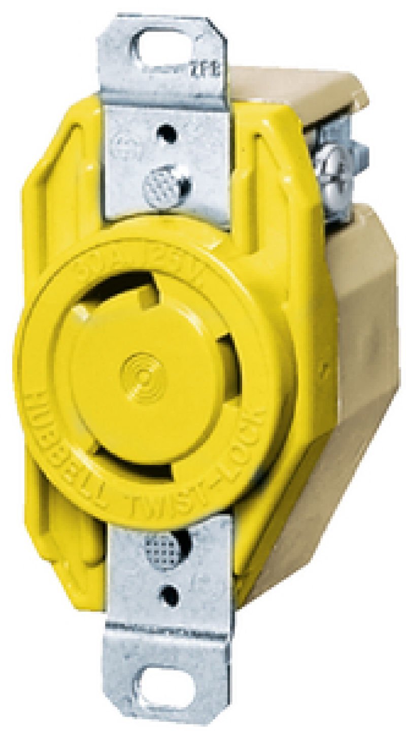 Hubbell Locking Devices, Twist-Lock, Marine Grade, Flush Receptacle, 30A 125V, 2-Pole 3-Wire Grounding, L5-30R, Screw Terminal, Yellow