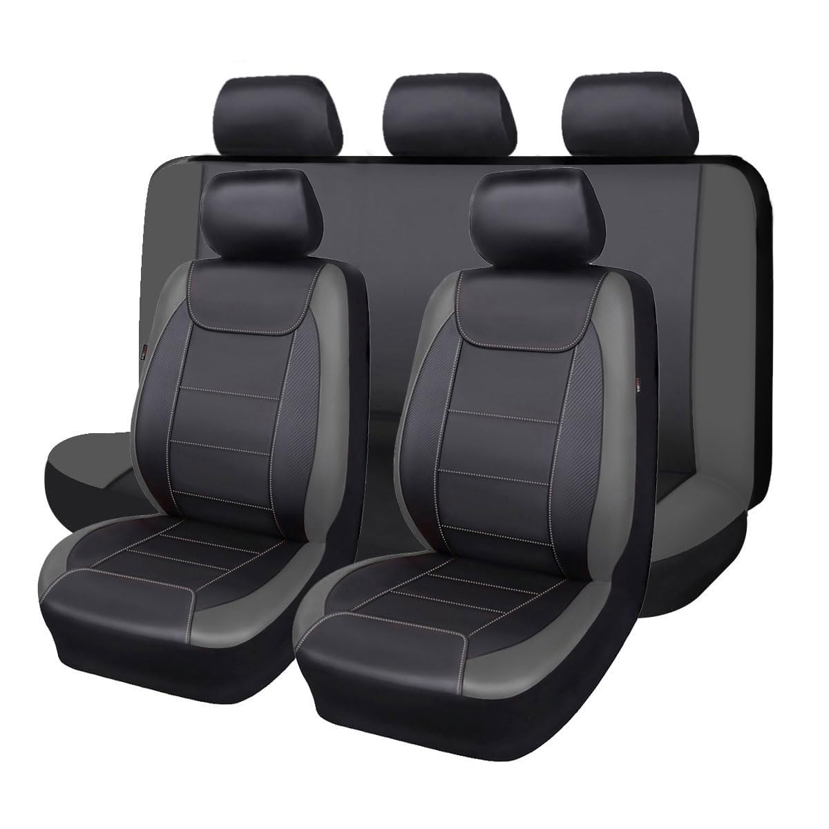 Flying Banner Car Seat Covers Protects Water Proof Faux Leather Carbon Fiber Front And Rear Bench (Black Gray, Full Set - 8Pcs)