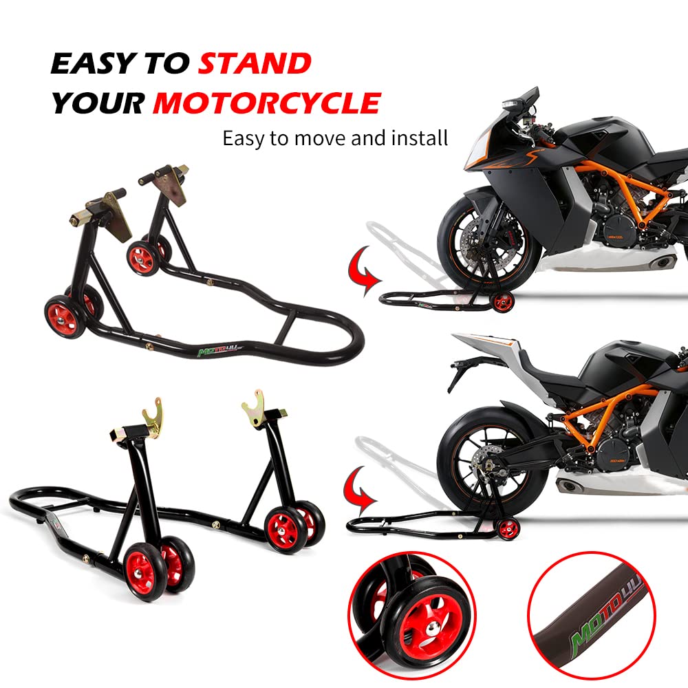 Moto4U Motorcycle Front & Rear Stand, Front Rear Combo Stand Universal Wheel Lift Stand Swingarm Spool Lift Stand Paddock Stand (Big Wheel)