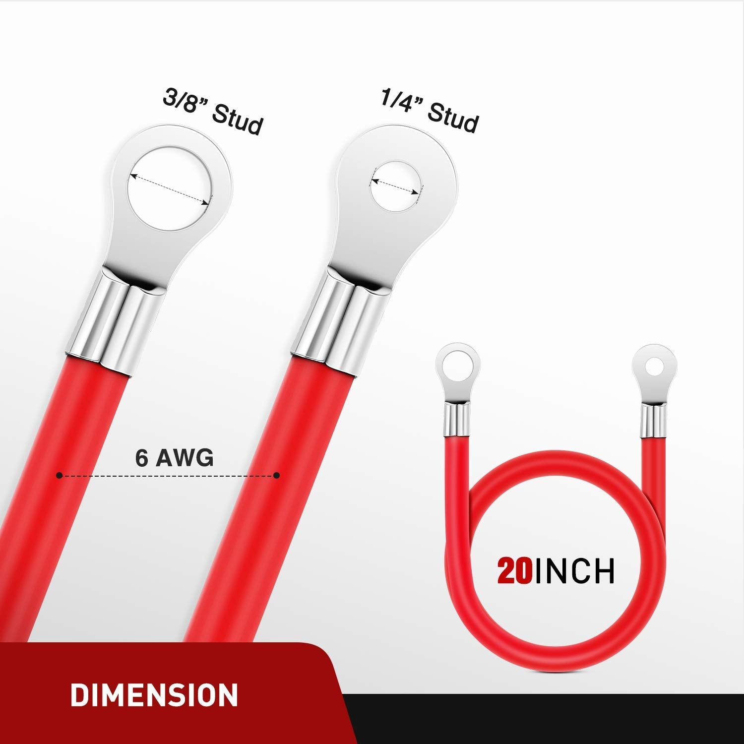 Nilight 6 AWG 20 Inch Each Battery Power Inverter Cables w/Tinned Wire Terminals Red Black 3/8 Inch Lugs Copper Parallel Battery