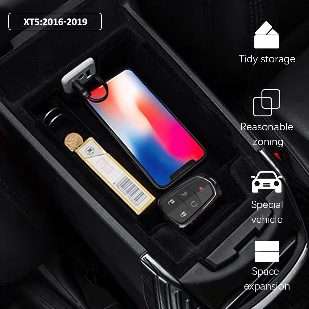 yboueo for XT5 Armrest Storage Tray Compatible with Cadillac XT5 Accessories 2019 2018 2017 2016 Flocking Interior Armrest Inser