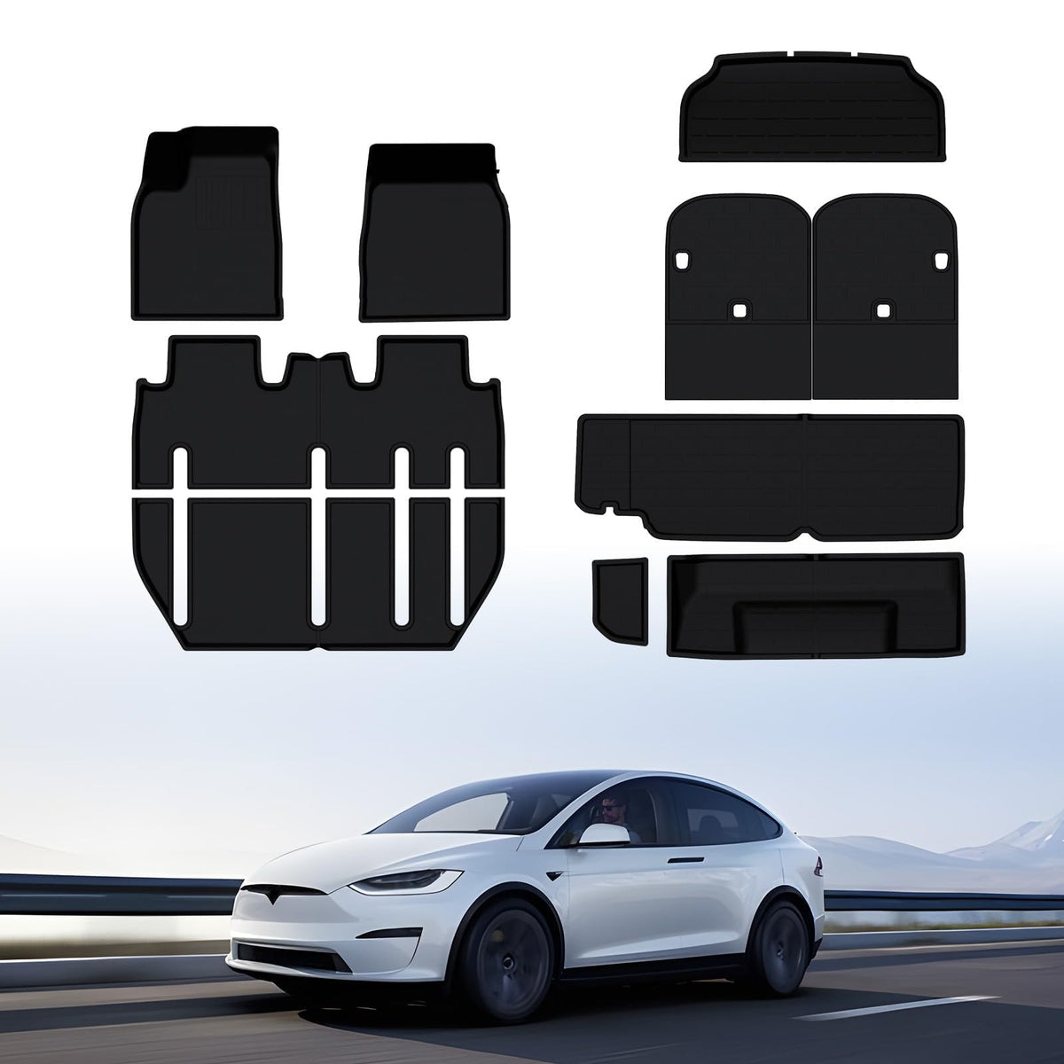 Basenor 10Pcs Tesla Model X Floor Mats 7-Seater All Weather Cargo Liner Mat Xpe Car Mats Anti-Slip Trunk Mat Back Seat Cover Mod