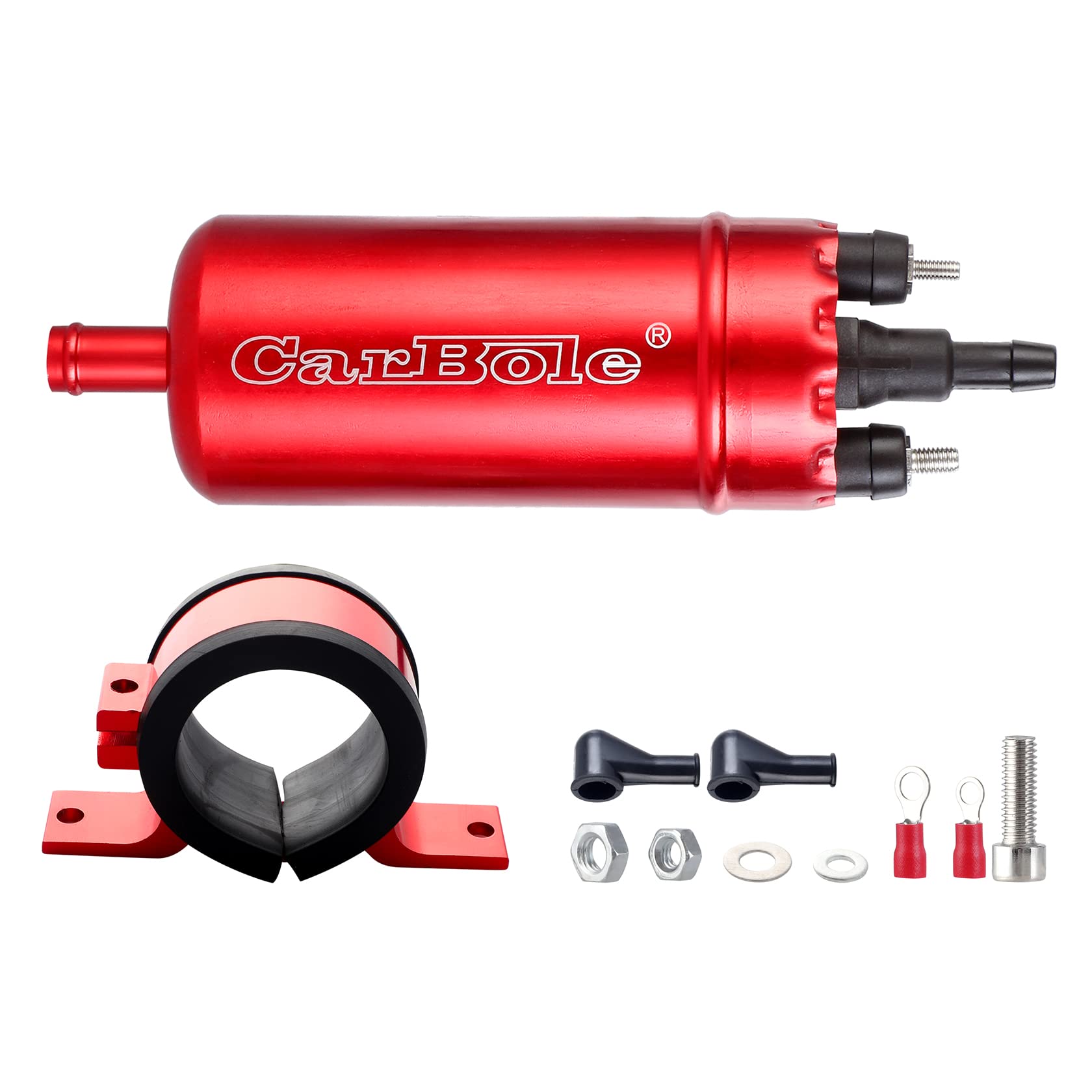 Carbole External In Line Fuel Pump: 116 Psi High Pressure Unversal 12V Electric Pump Injection Systems Replacement For 0580464070 With Mounting Bracket Clamp (Red)