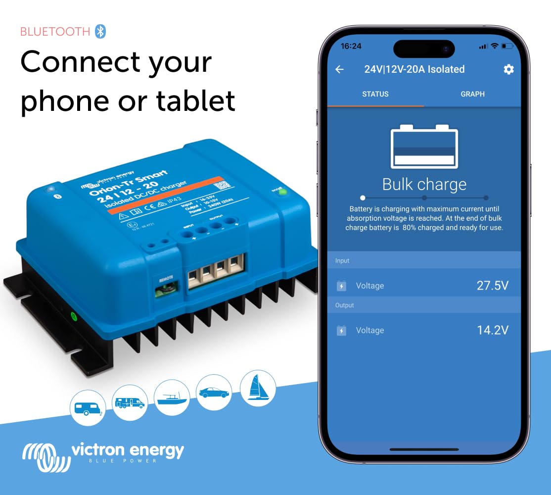 Victron Energy Orion-Tr Smart Dc To Dc Charger (Bluetooth) - 24/12-Volt 20 Amp 240-Watt - Battery Charger For Dual Battery Systems - Isolated