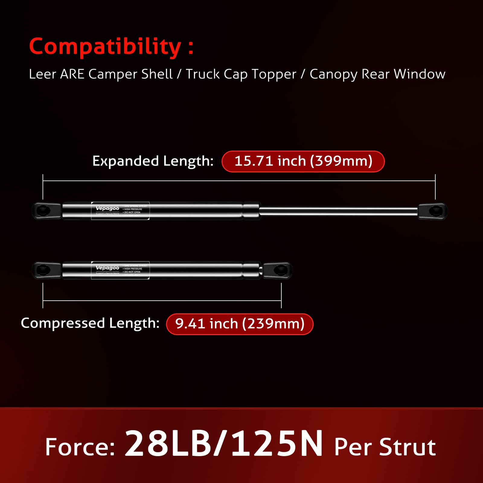 C16-08941 16'' 28Lbs/127N Gas Shock Strut For Leer Are Camper Shell Topper Rear Window, Truck Cab Canopy Door, Set Of 2 Vepagoo