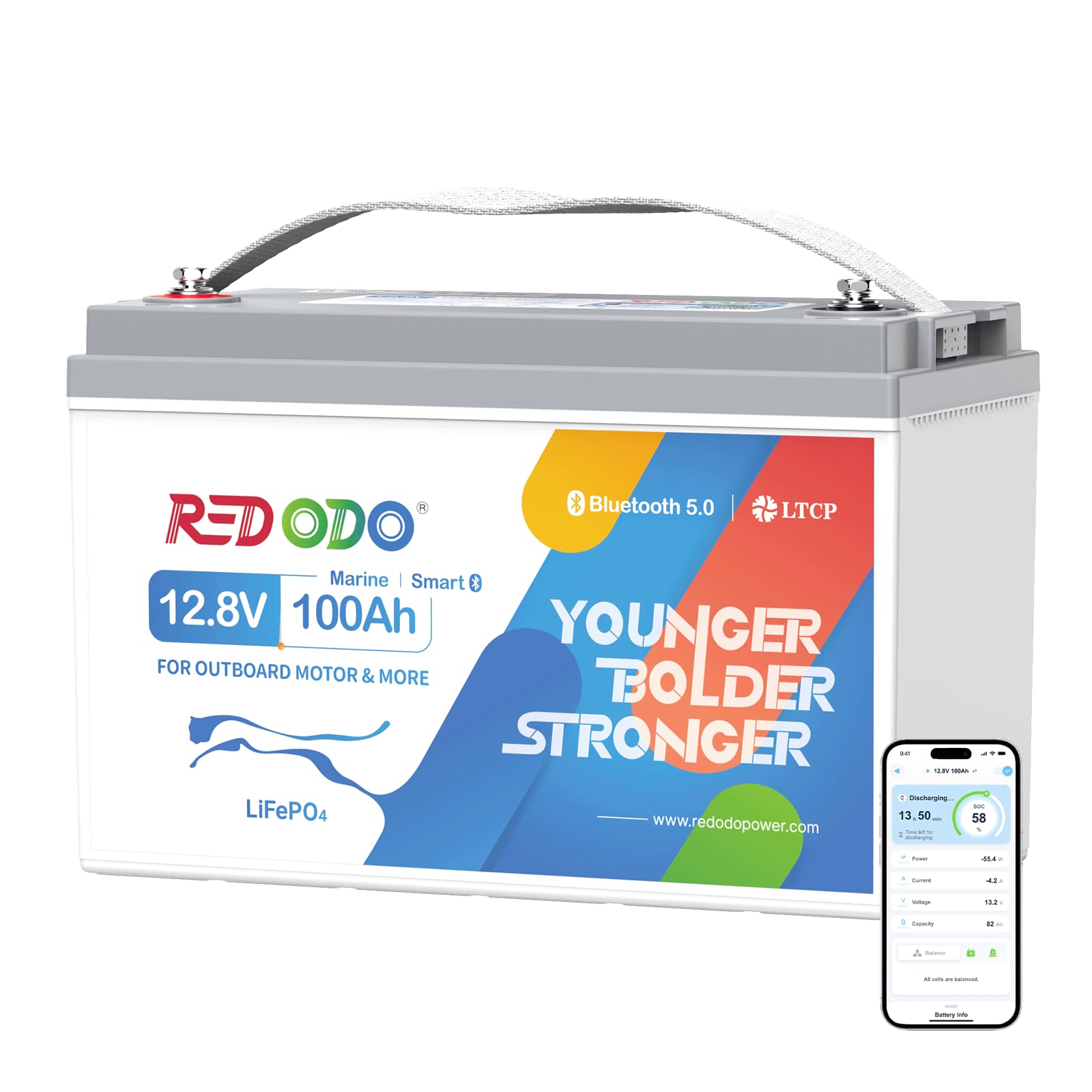 Redodo Electric Outboard Motor Battery 12V 100Ah, Smart Bluetooth Group 31 Lithium Marine Battery, 100A BMS, Supports 60V System
