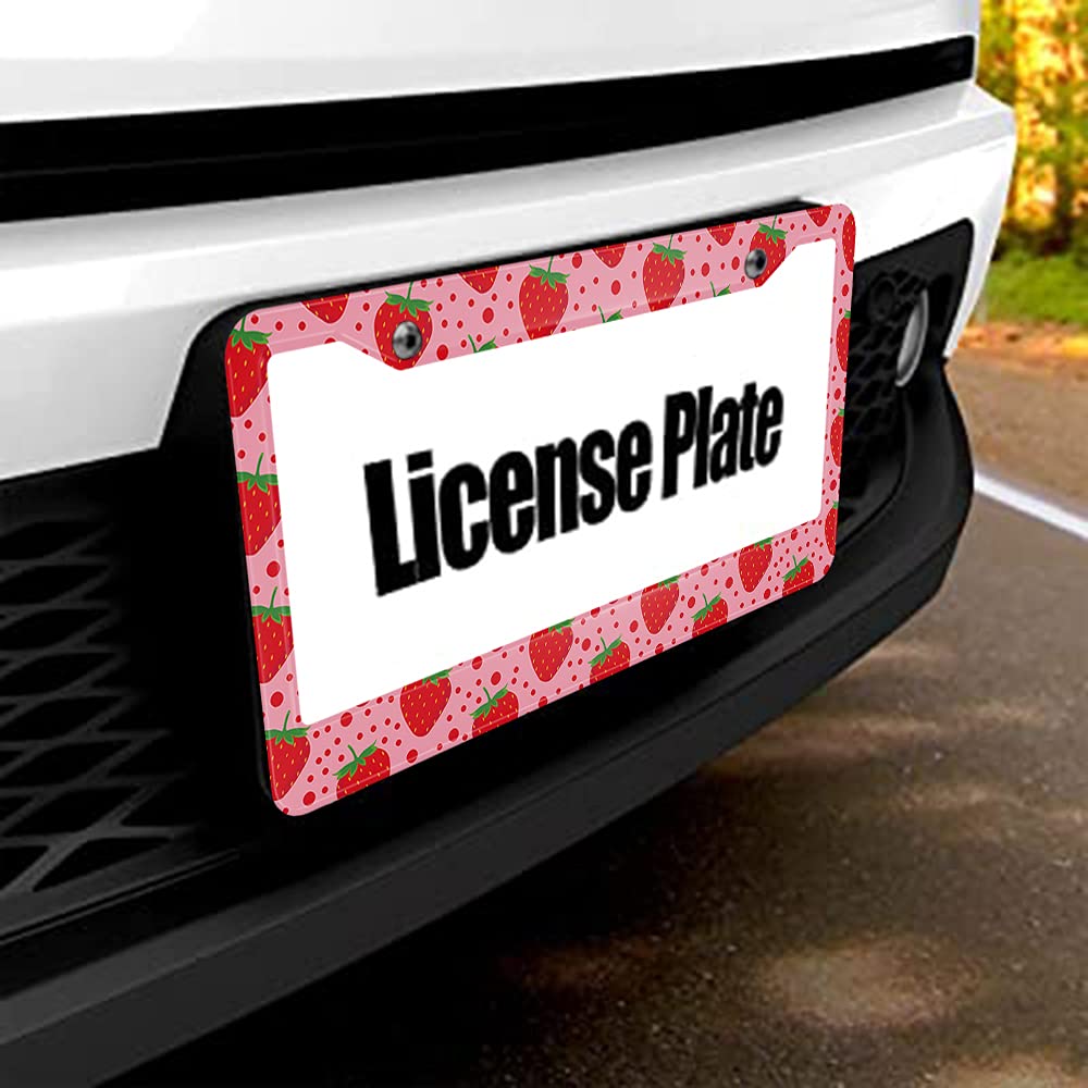 Beabes Cute Strawberry Pattern Fruit Pink License Plate Holder Polka Dots Red Frame License Plate Cover Car Accessories 2 Holes