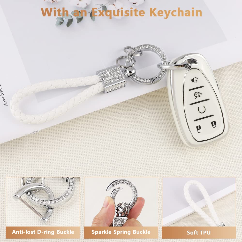 Pifoog Key Fob Cover For Chevy Keychain Bling White Silver Tpu 5 Button Car Keys Case Shell Protector For Chevrolet Equinox Trav