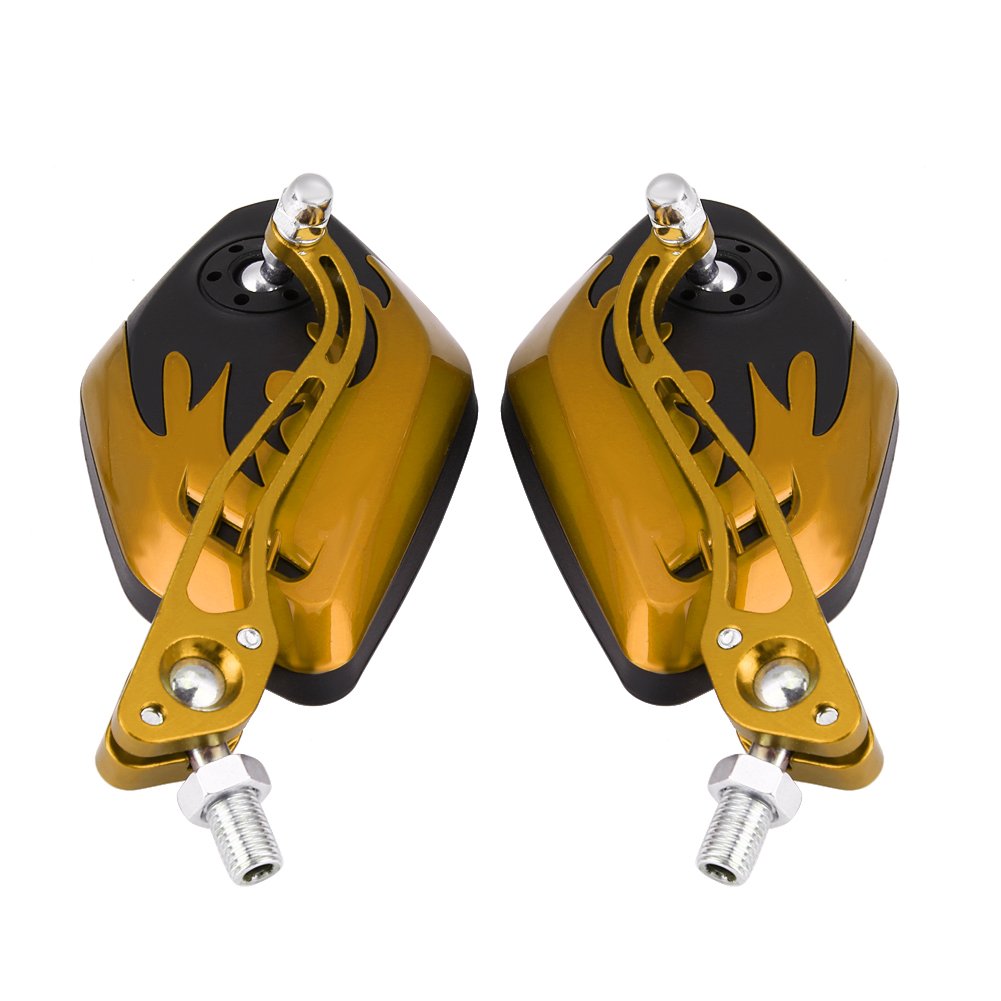 1 Pair Universal Motorcycle Rearview Side Mirrors, Keenso Adjustable Aluminum Handlebar Rear View Side Mirrors Flame Pattern Motorbike Scooter 10Mm 8Mm (Yellow)