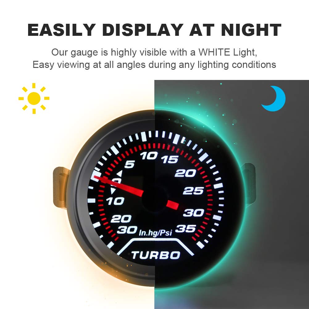 Waterwich 35 Psi Turbo Boost/Vacuum Gauge Meter Kit Includes Mechanical Hose & T-Fitting - Black Dial - Clear Lens 2'' 52Mm 12V
