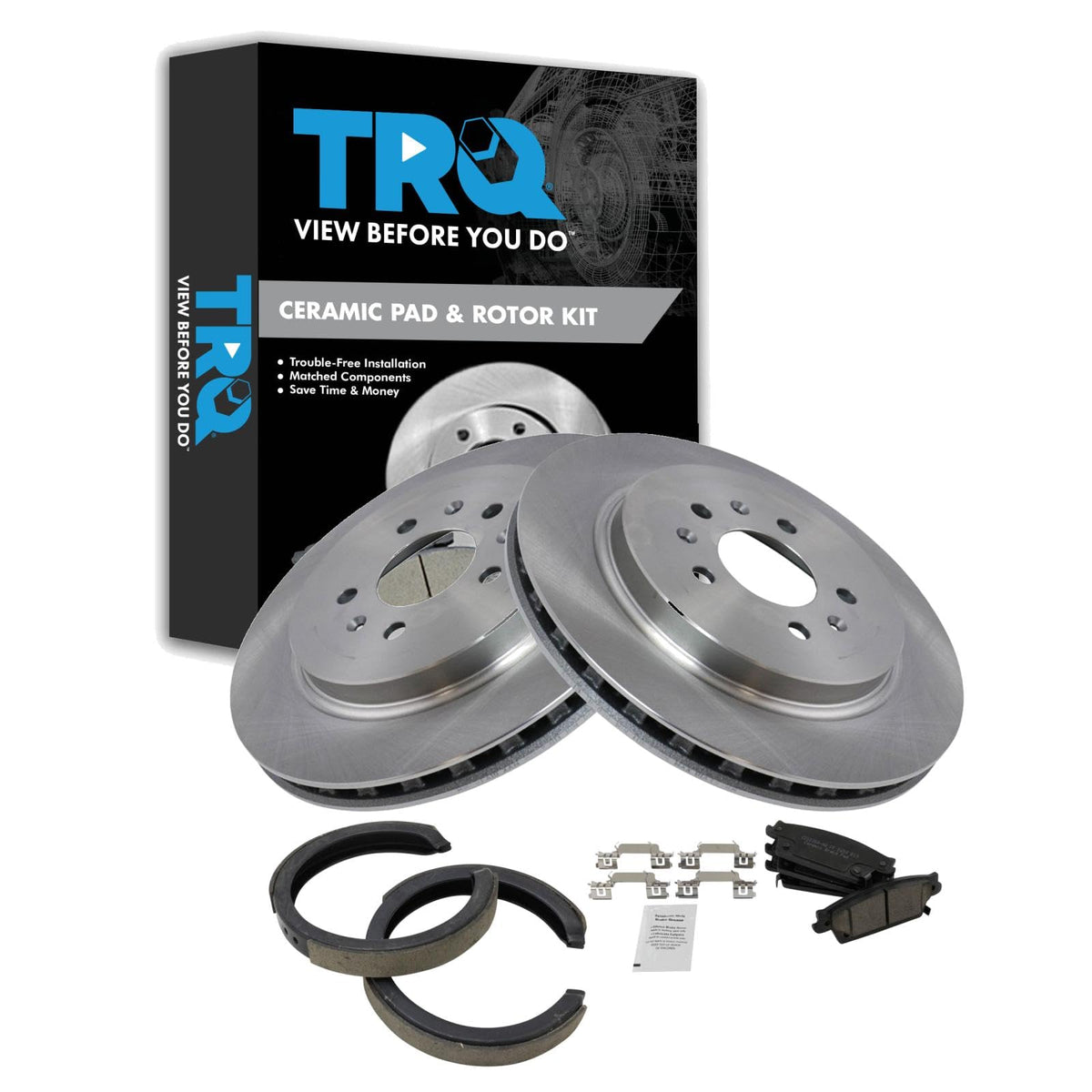Trq Rear Brake Pad & Rotor Kit Brake Pads Brake Rotor Parking Brake Shoe Set Ceramic Compatible With 2005-2009 Cadillac Sts