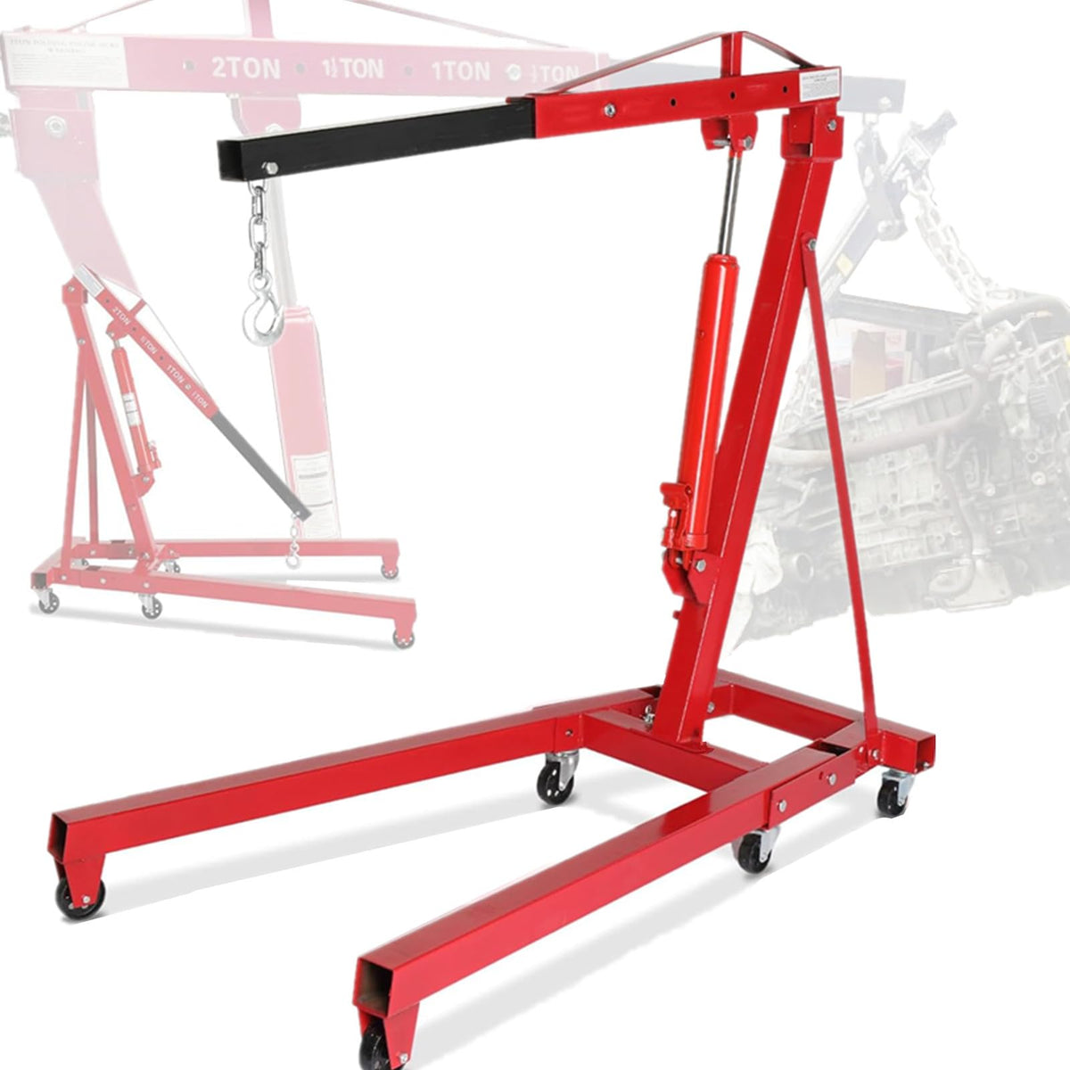 MOTOOS Engine Hoist 2 TON Folding Hydraulic Engine Motor Hoist Cherry Picker Shop Cranes Lift Red Shop Crane 4000 lb Heavy-Duty 