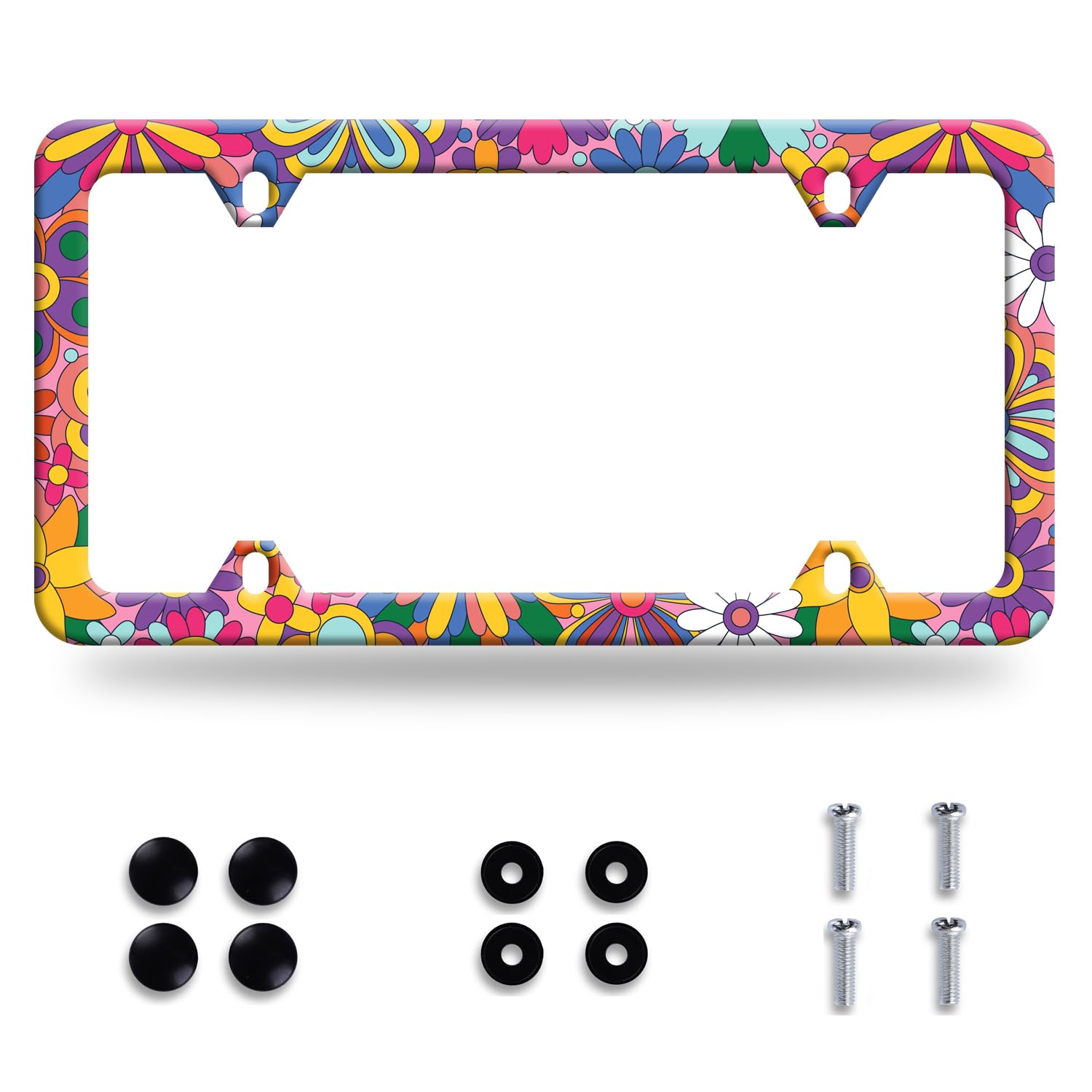 Hippie Flowers License Plate Frame Cute Floral License Plate Colorful Stainless Steel Funny Auto Parts Beautiful License Plate D