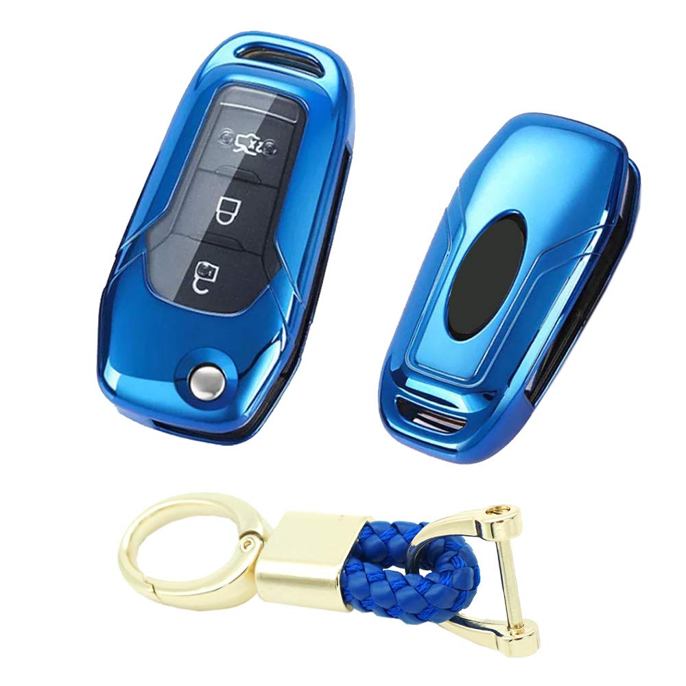 Royalfox(Tm 2 3 Buttons Soft Tpu Flip Remote Key Fob Case Cover For 2015 2016 2017 2018 2019 Ford F150 F250,Focus 3 Escort Kuga Everest Fiesta Mustang Edge Mkv Fusion 2016 Ranger (Blue)