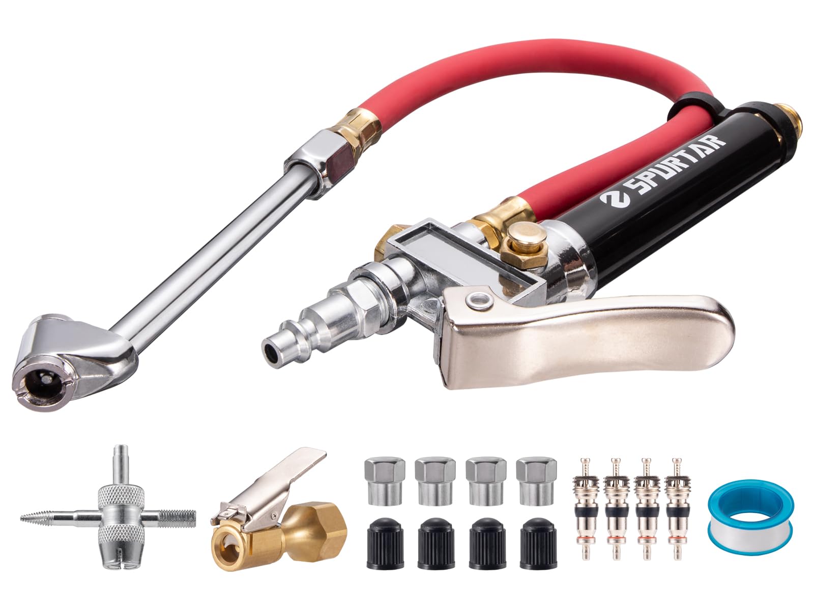 Spurtar 10-120 Psi Heavy Duty Tire Inflator Gauge Air Chuck With Pressure Gauge With 4 Way Tool And Valve Cores Tire Pressure Ga