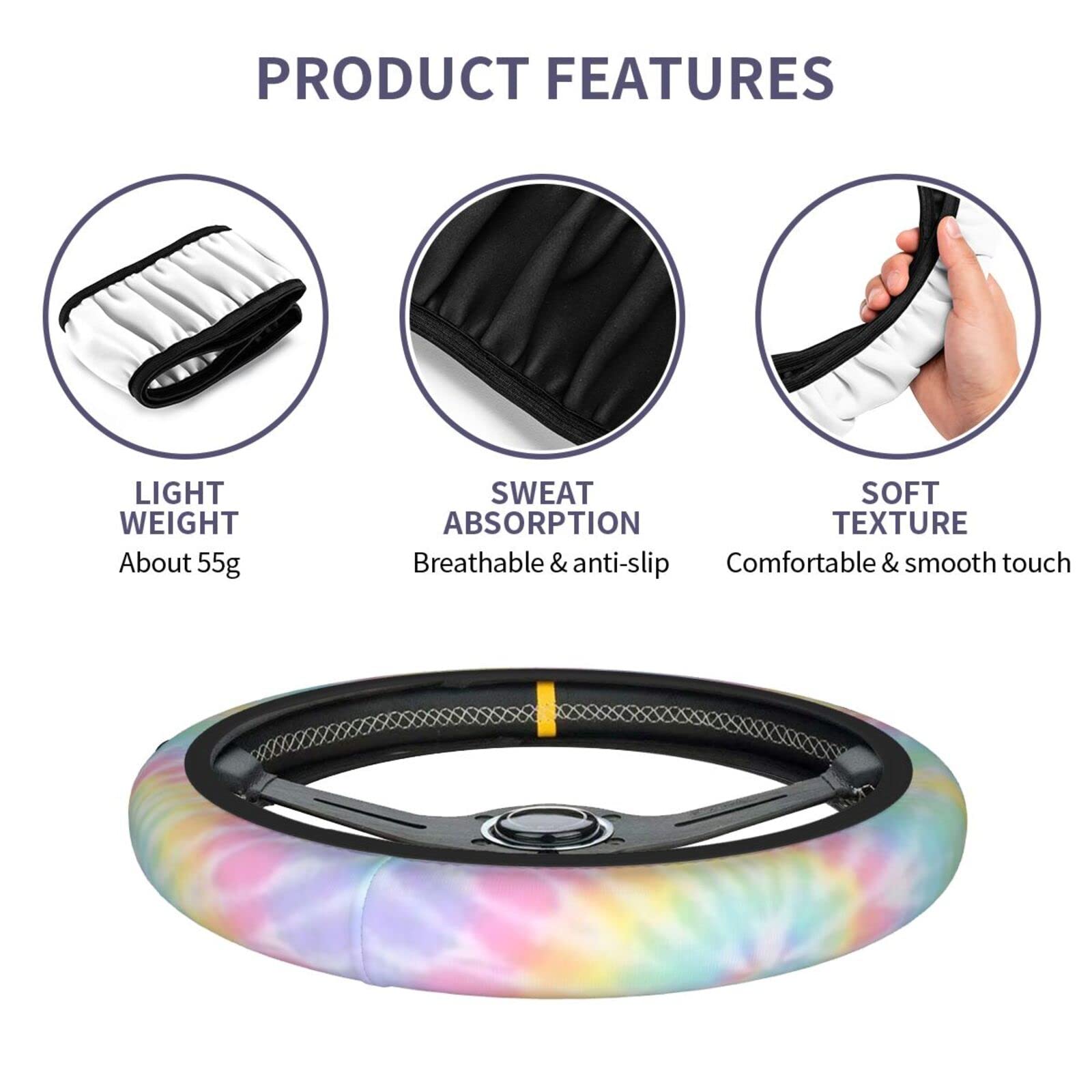 Rainbow Tie Dye Steering Wheel Cover for Women Men with 2 Pcs Car Coasters, Universal 14.5-15 Inch Rainbow Steering Wheel Covers