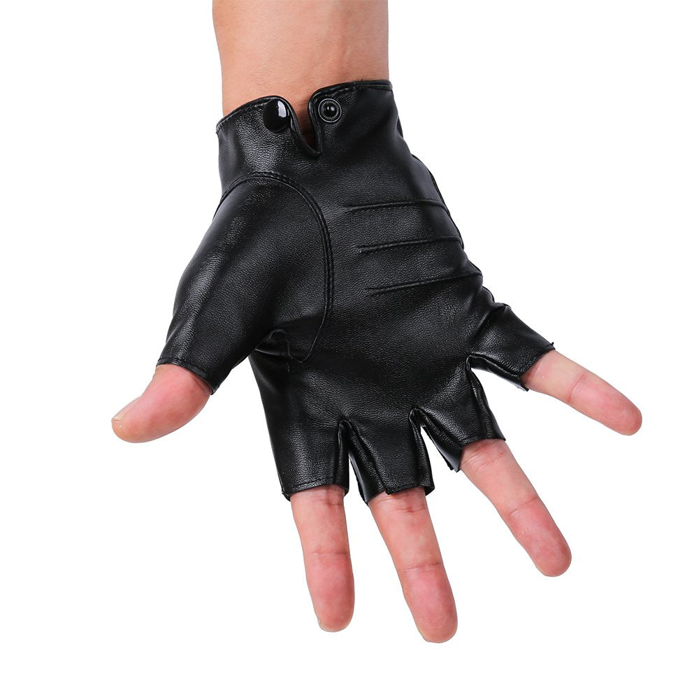 Jisen Men Pu Leather Punk Half Finger Snap Performance Gloves Z-Black