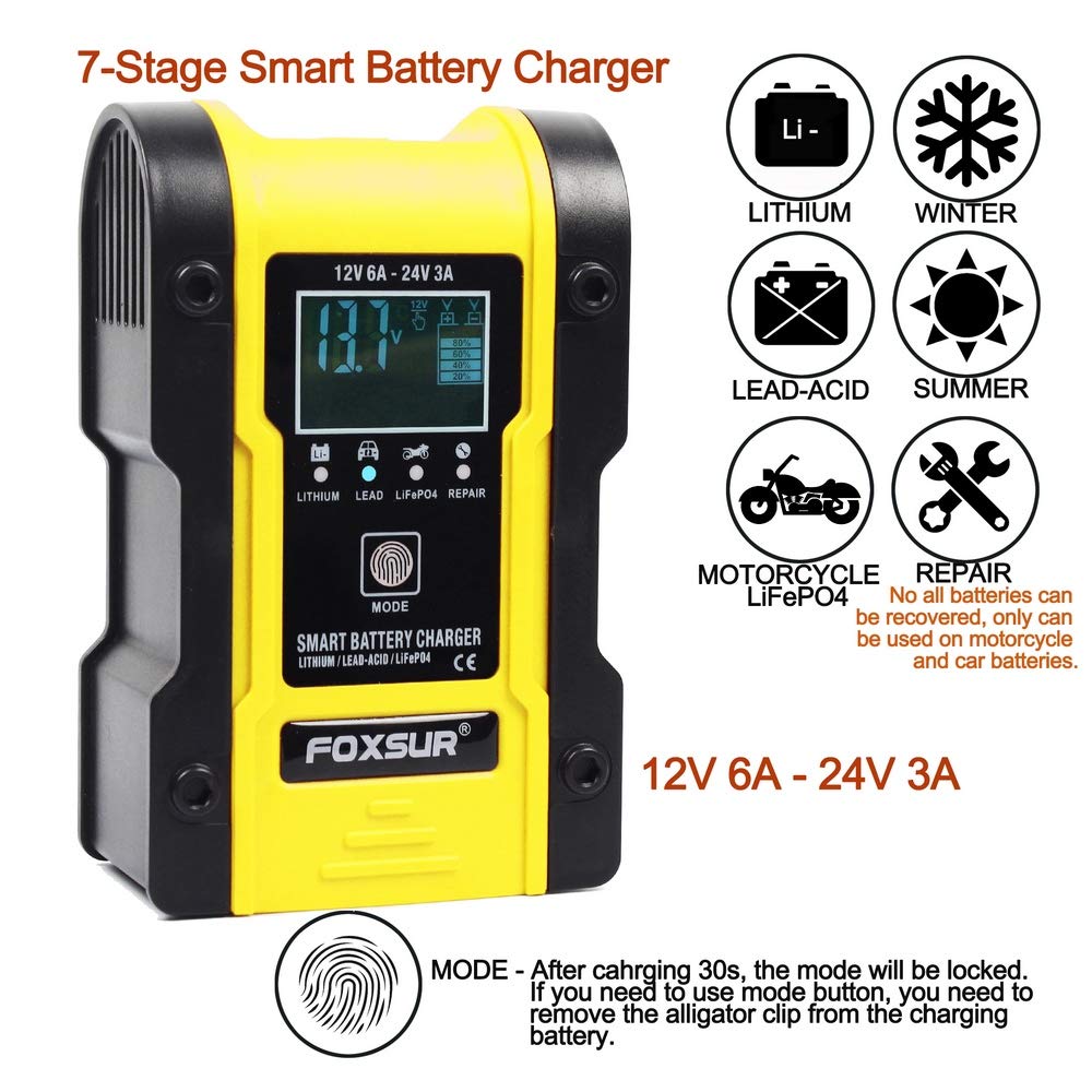 Ieik 12V/6A Battery Charger Automotive 7-Stage Multifunction Smart Charger Maintainer 24V/3Afor Car, Truck, Motorcycle, Lawn Mower, Boat, Atv, Lithium/Lifepo4/Lead-Acid/Deep Cycle Battery Charger