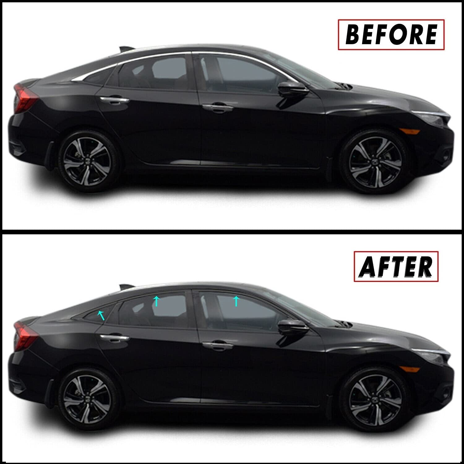 SlickMod Chrome Delete Blackout Vinyl Overlay for 2016-2021 Honda Civic Sedan Window Trim (Gloss Black)