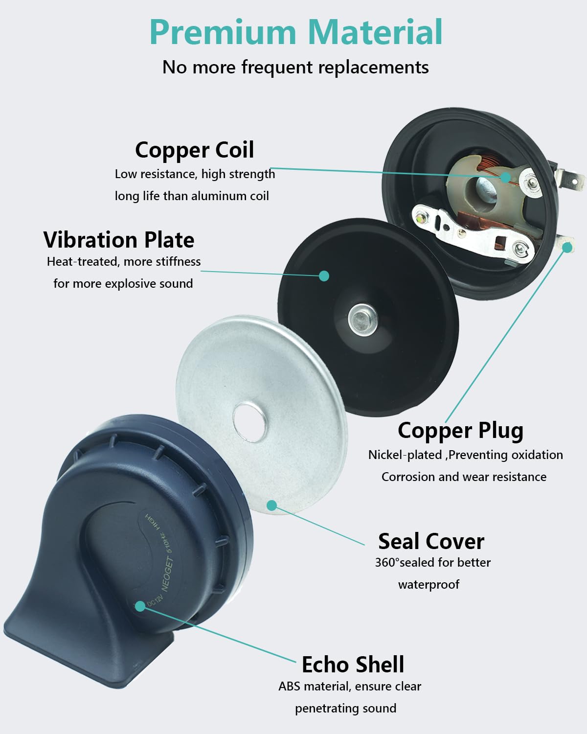 Neoget Car Horn 12V Super Loud Electric Waterproof High Low 2 Tone Fit For Any 12 Volt Vehicles Auto Replacement Universal Horn