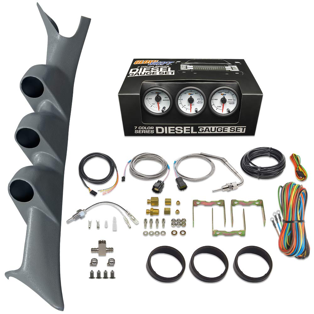 GlowShift Diesel Gauge Package Compatible with Ford Super Duty F-250 F-350 6.0L 7.3L Power Stroke 1999-2007 - White 7 Color 60 P