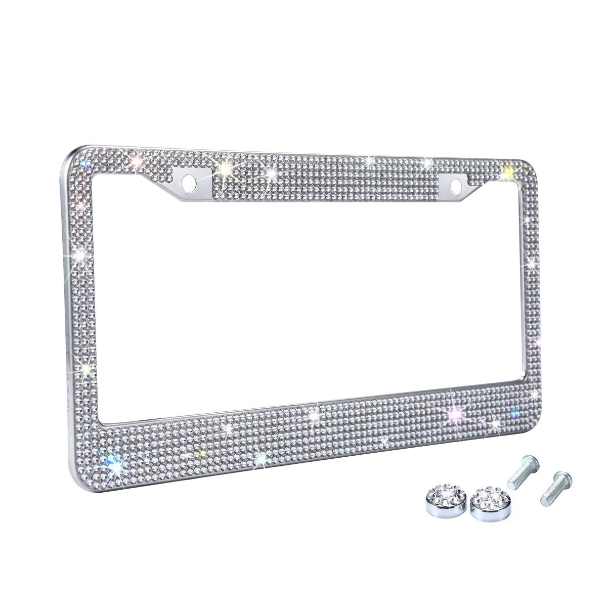 White Rhinestone Bling License Plate Frame For Women, Metal Rust-Proof Car Plate Frame Cute Bling Car Accessories For Women Girl
