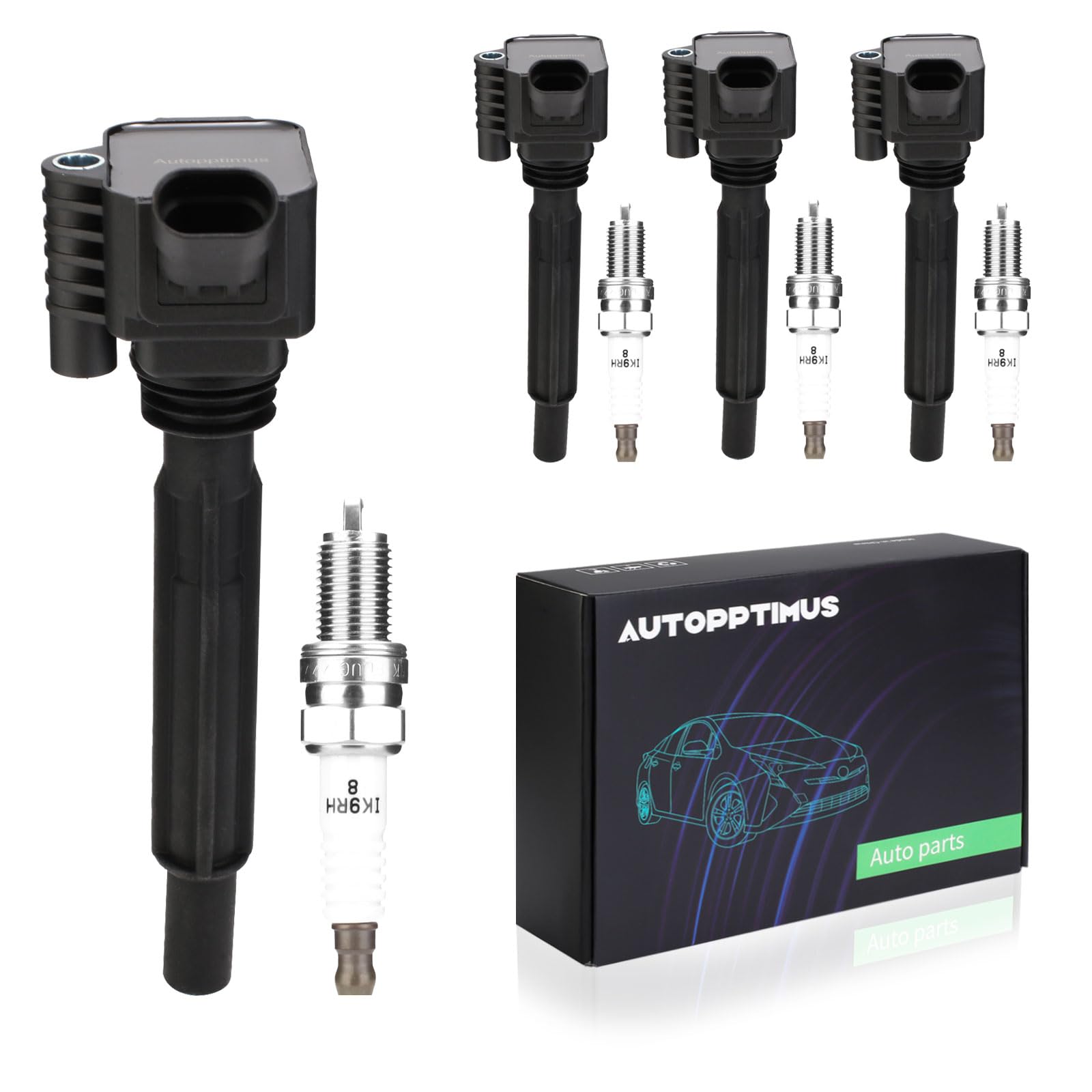 Autopptimus UF673 Ignition Coils Pack and Spark Plugs Set of 4 Compatible with Dodge Dart 2013-2016 500 2012-2017 L4 1.4L Replac