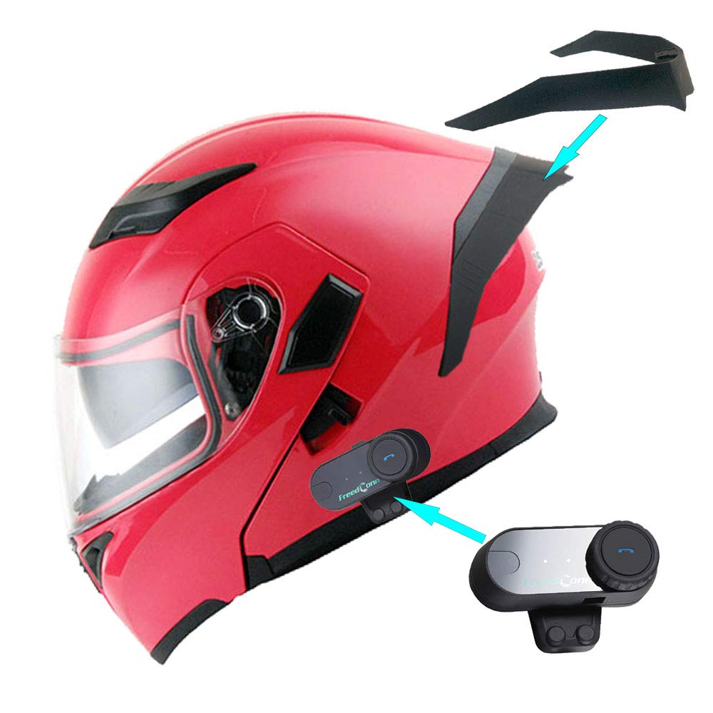 1Storm Motorcycle Modular Full Face Flip Up Dual Visor Helmet + Spoiler Bundle With Freedconn Motorcycle Pinktooth Headset: Hb89 Glossy Pink