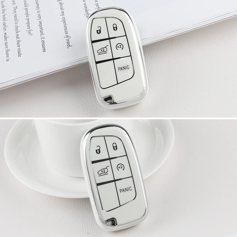 1797 For Jeep Dodge Key Fob Cover Challenger Charger Durango Journey Grand Cherokee Compass Renegade Car Remote Key Case Shell Protector 5 Button White Silver Tpu